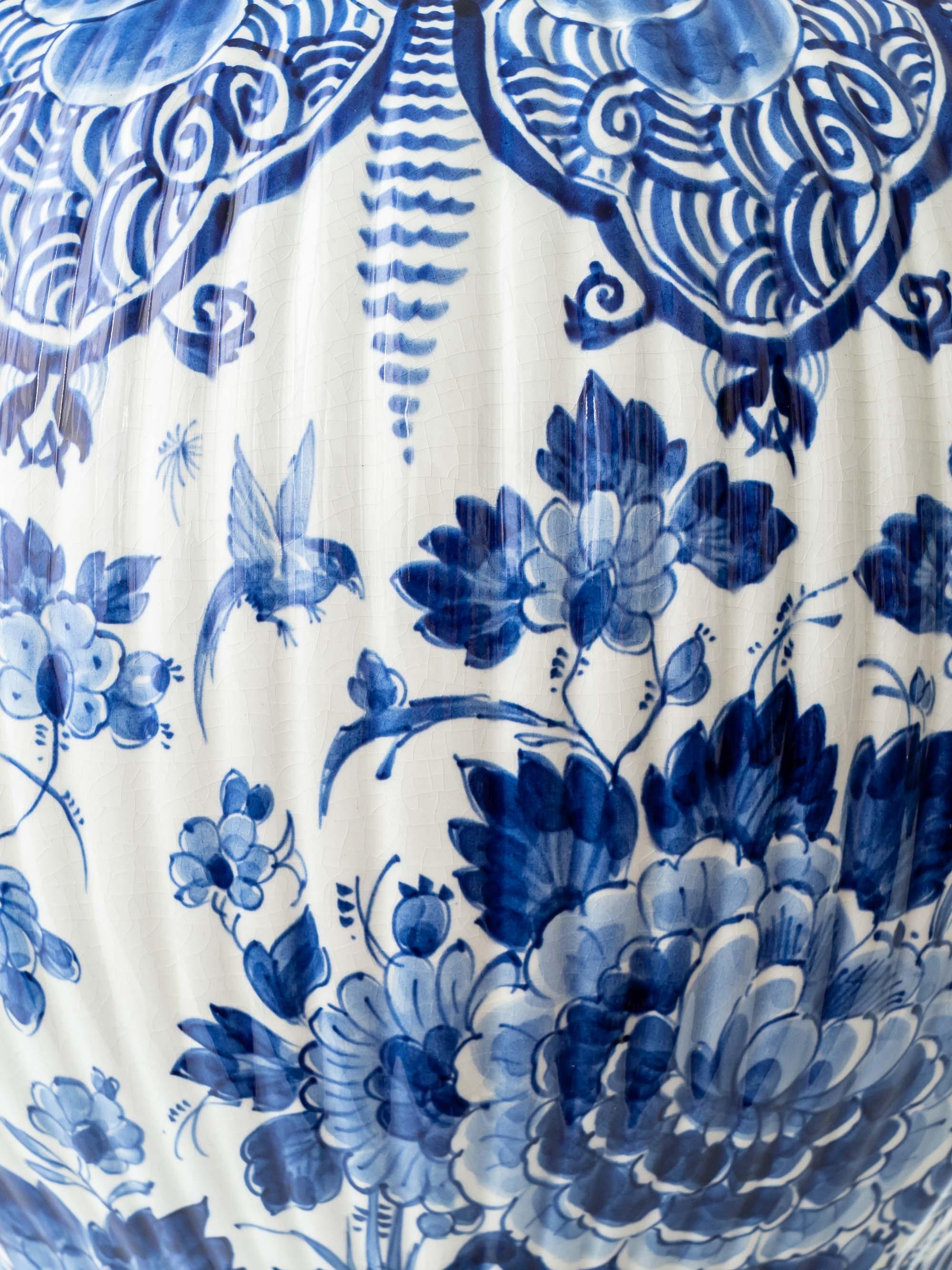 Large Hand-Painted Dutch Delft Blue and White Ceramic Peacock Table Lamp, 1961 For Sale 1