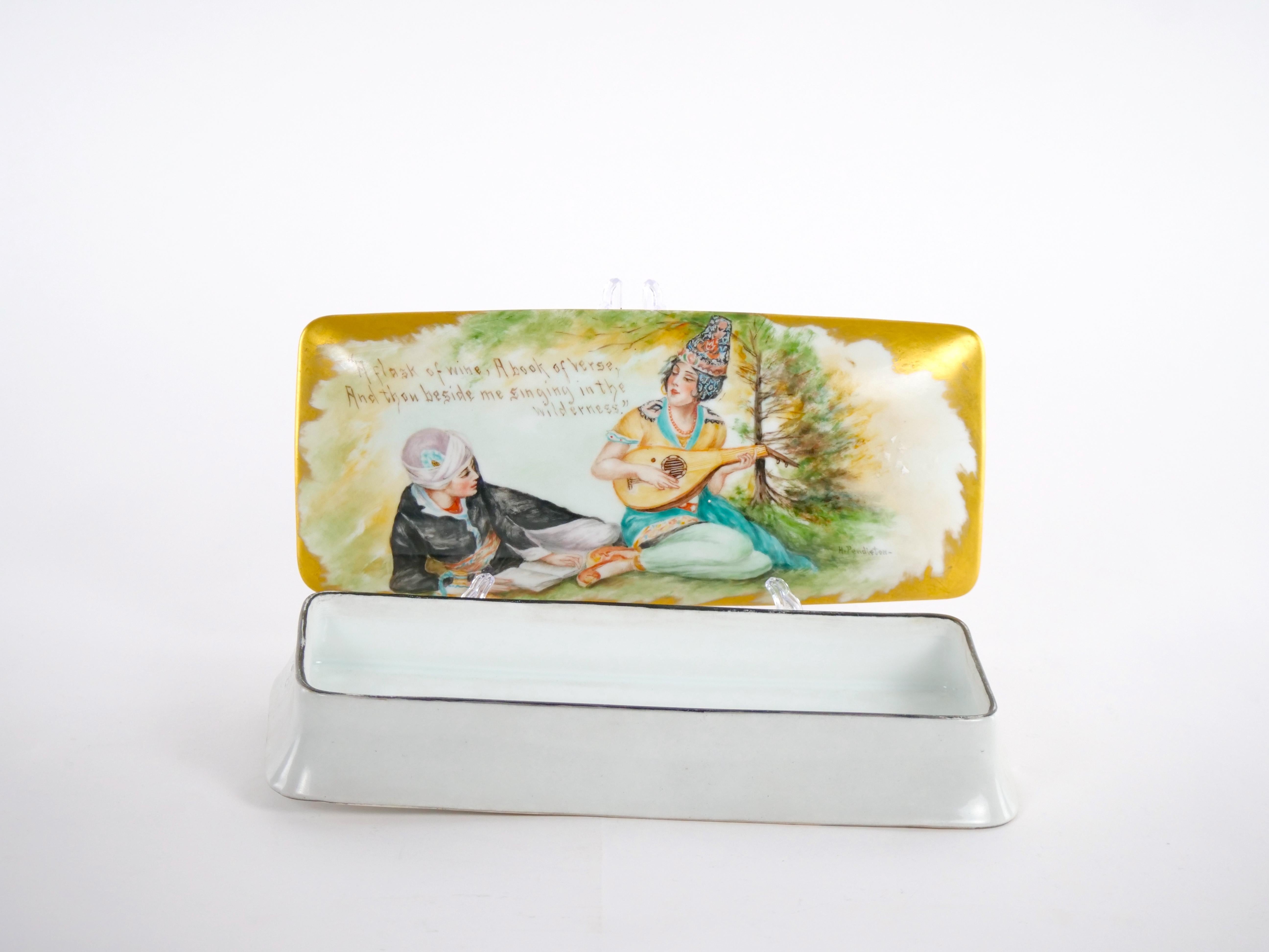 20th Century Large Hand Painted German Porcelain Covered Box For Sale