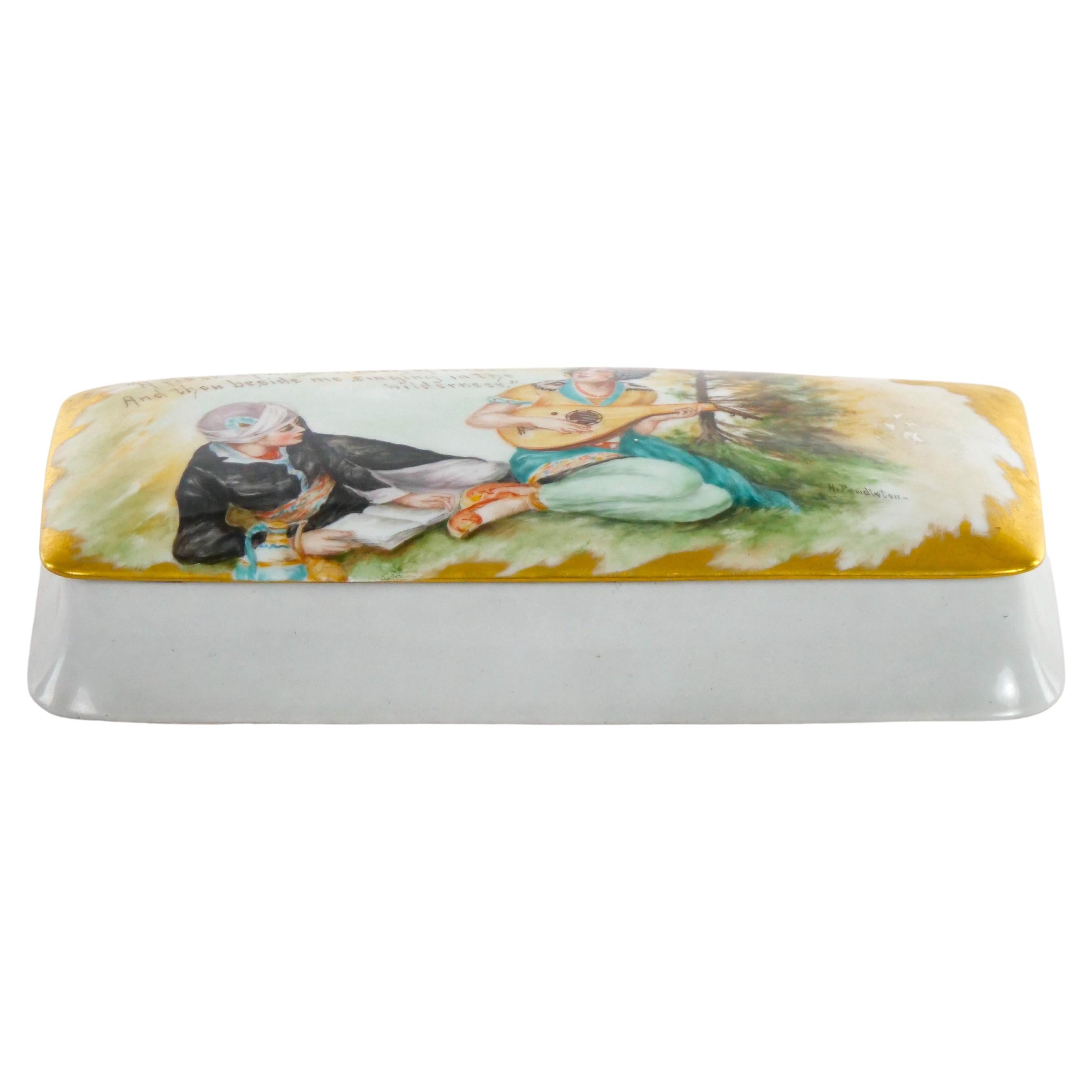 Caja grande de porcelana alemana pintada a mano con tapa