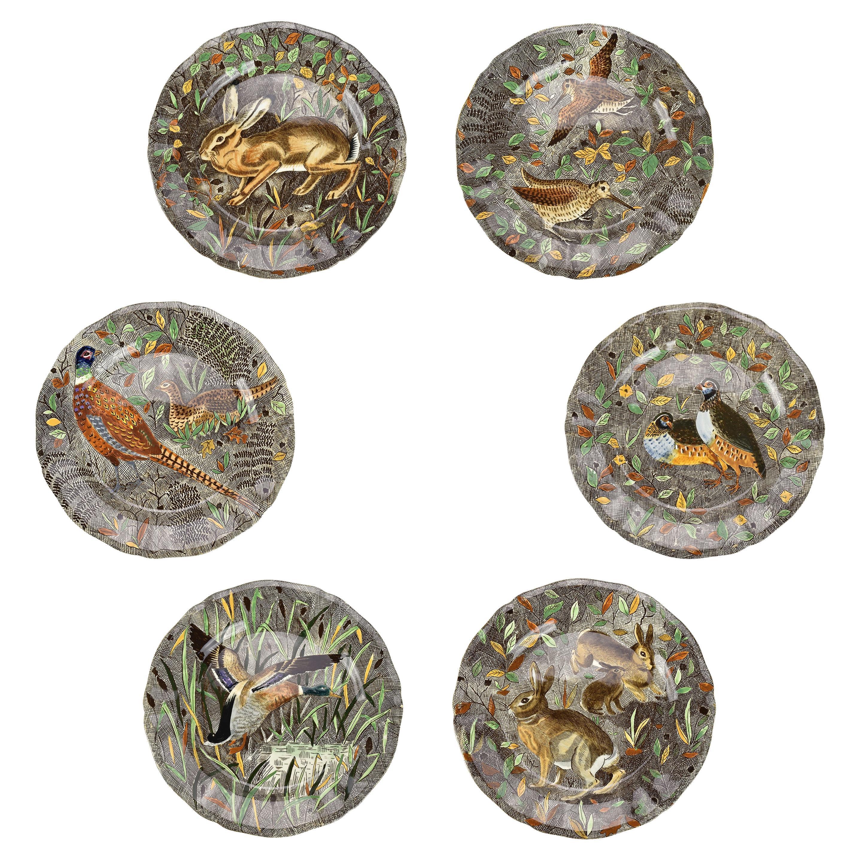 Set of 6 Gien Rambouillet Hand-Painted Hunting Scene Ceramic Dinner Plates For Sale