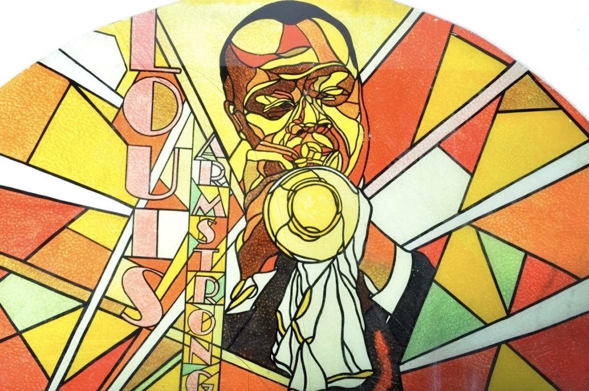 British Large Hand Painted Glass Panel Window Featuring Jazz Trumpeter Louis Armstrong For Sale