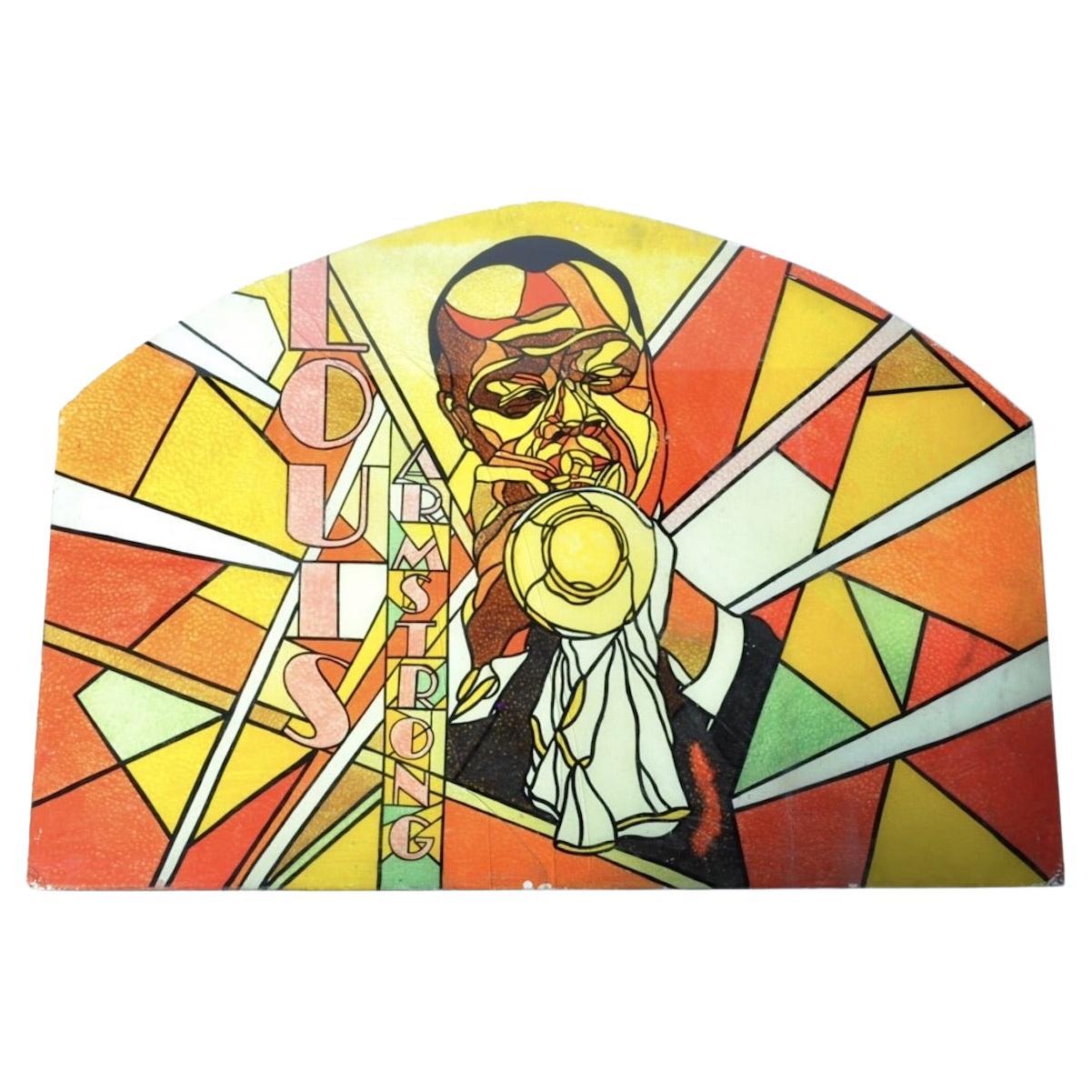 Large Hand Painted Glass Panel Window Featuring Jazz Trumpeter Louis Armstrong For Sale