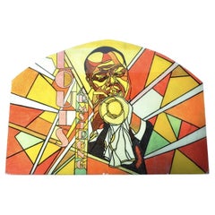 Large Hand Painted Glass Panel Window Featuring Jazz Trumpeter Louis Armstrong
