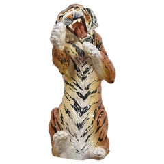 Large Hand Painted Glazed Ceramic Sculpture of a Tiger, Italy, 1970s