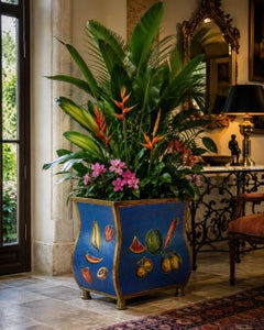 Large Hand-Painted Italian Tole Cachepot or Umbrella Stand with Fruit Decoration