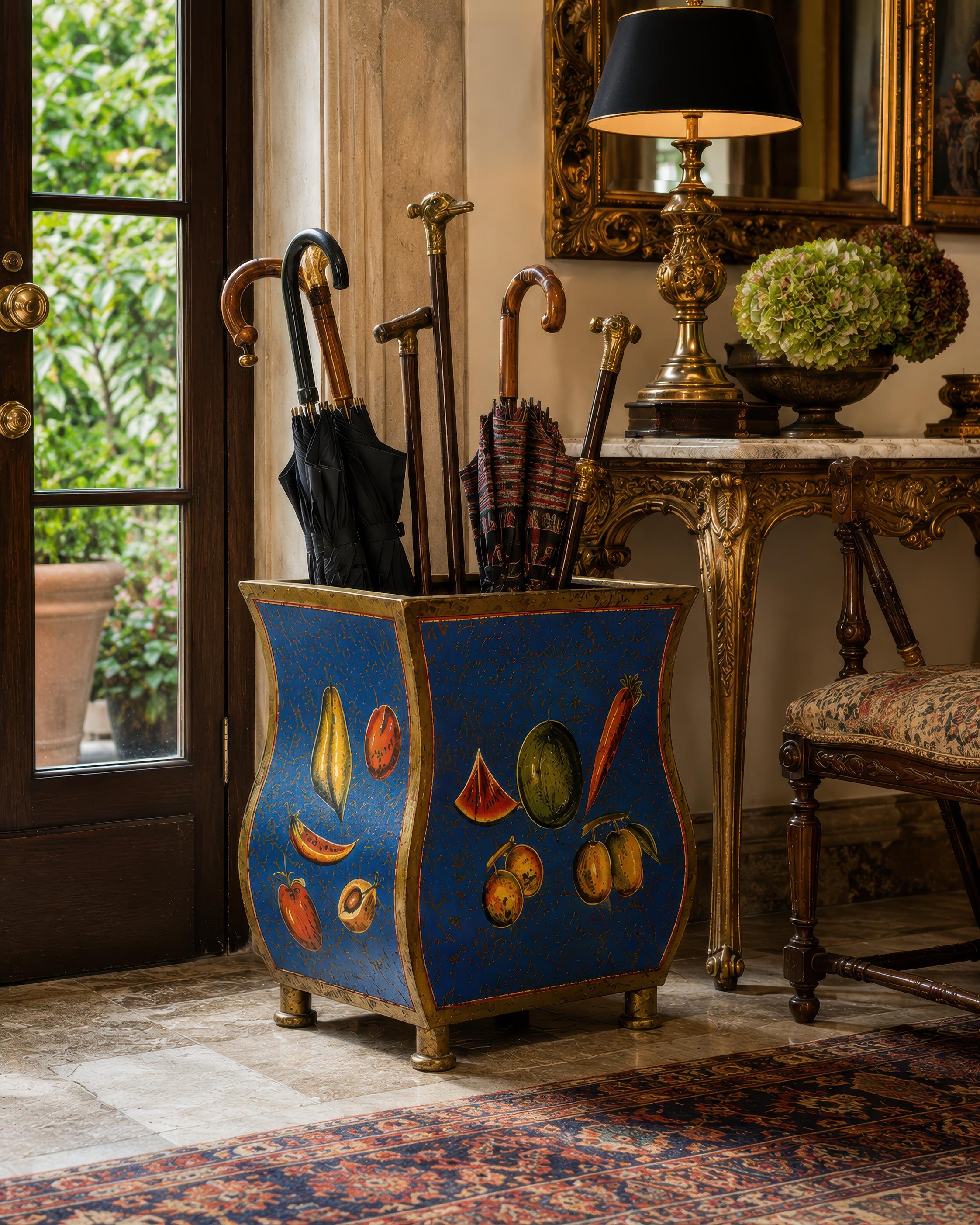 Large Hand-Painted Italian Tole Cachepot or Umbrella Stand with Fruit ...