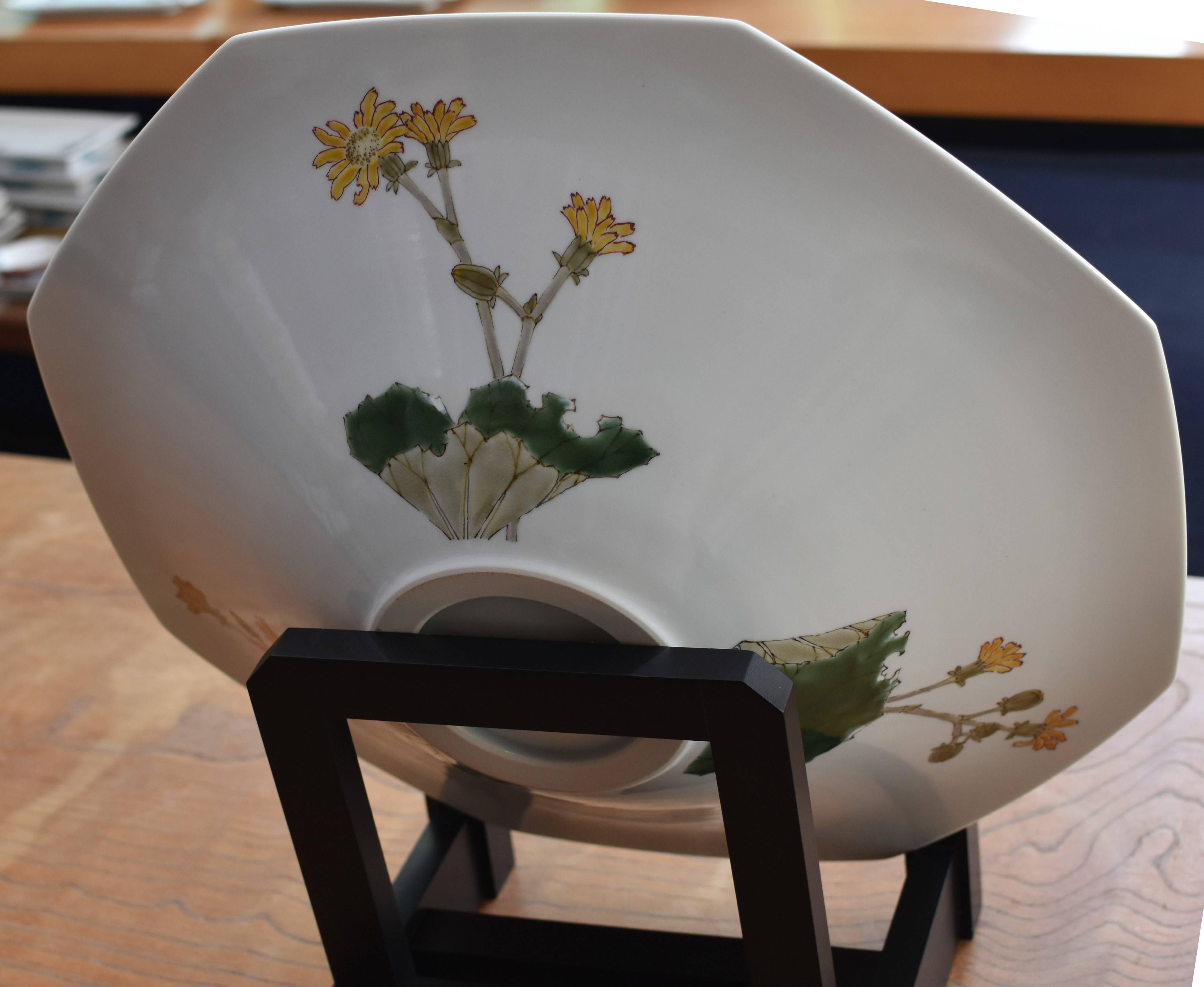 Hand-Painted Japanese Contemporary Large Green Yellow Porcelain Charger by Master Artist