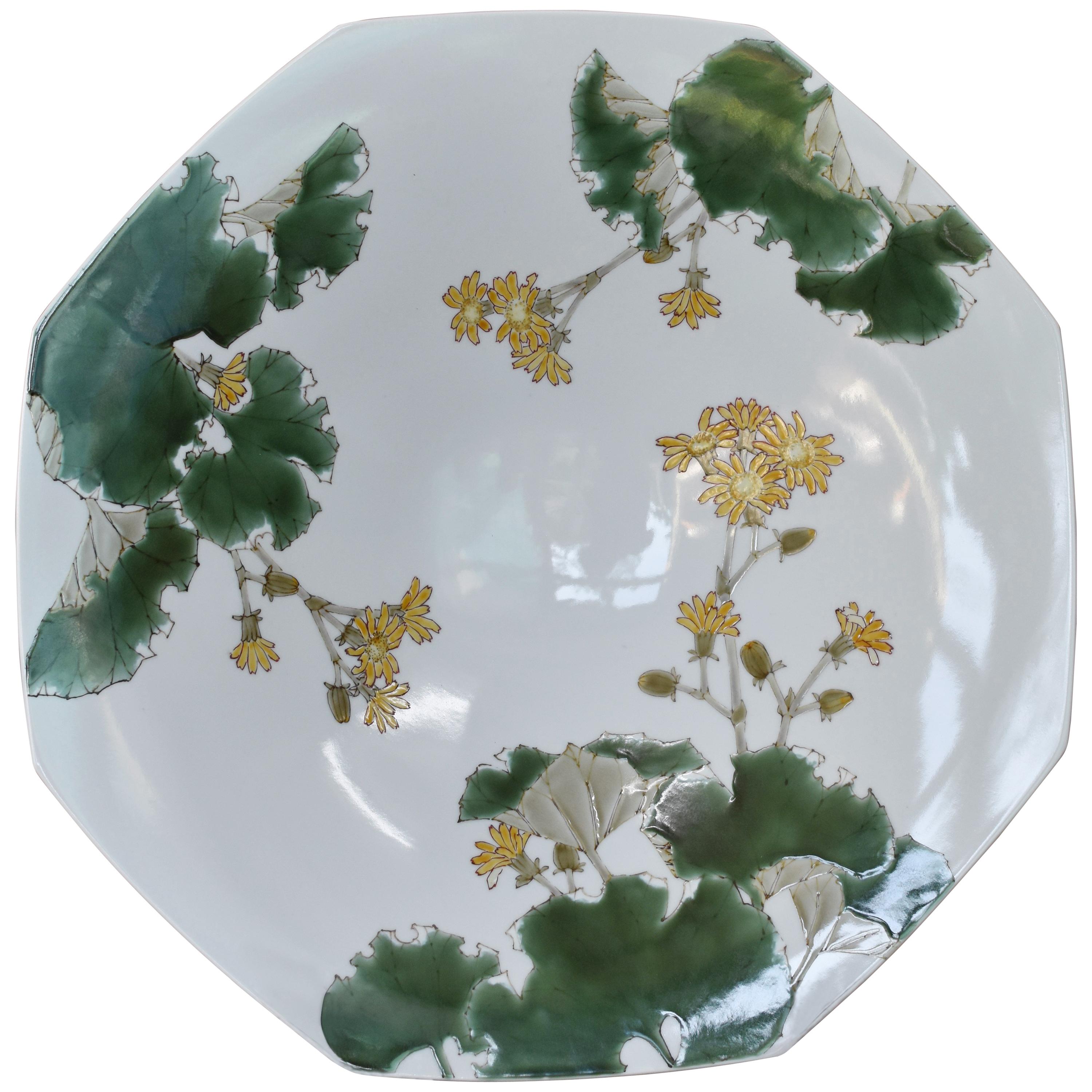 Japanese Contemporary Large Green Yellow Porcelain Charger by Master Artist