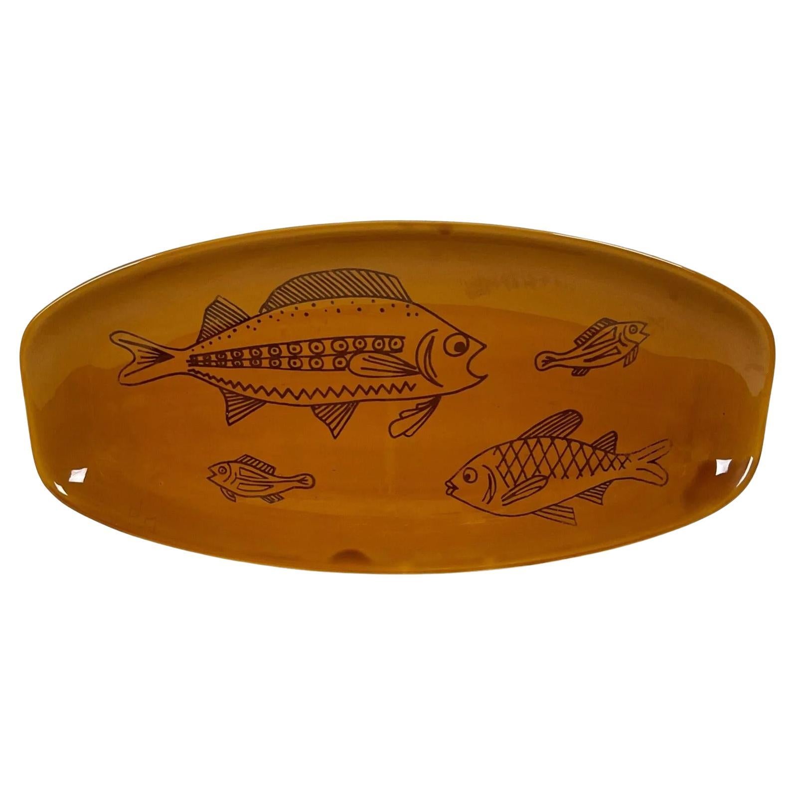Große handbemalte Longchamps Fischteller - Emaille und Crackle-Glasur - 2Y458
