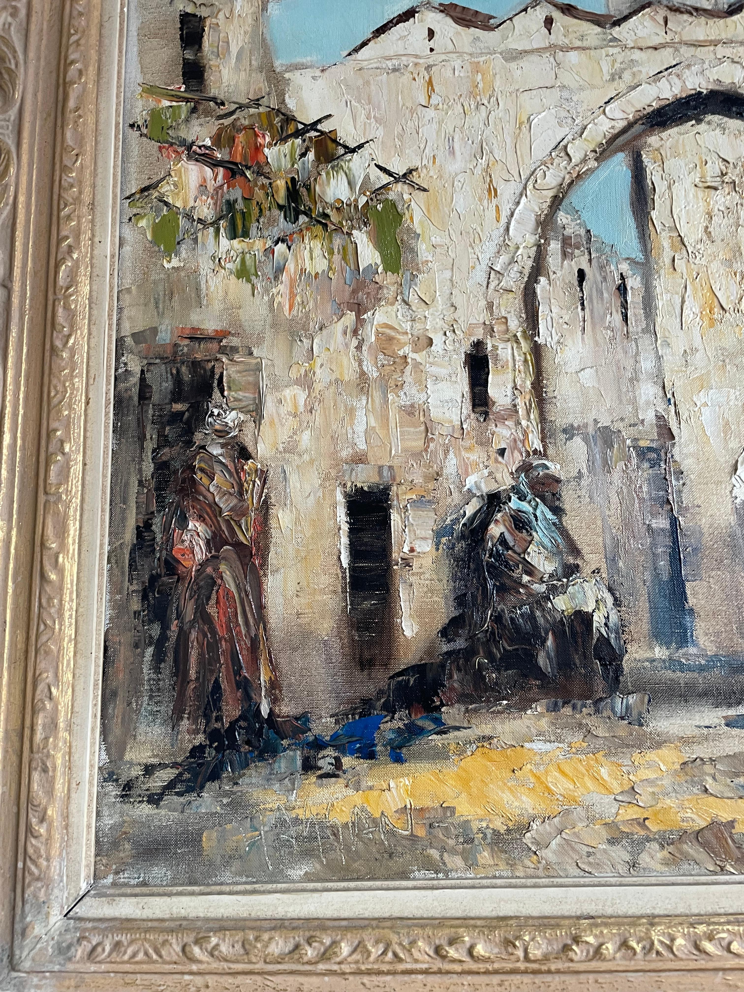 Grande peinture à l'huile sur toile d'une scène de rue arabe signée Hassan en vente 2