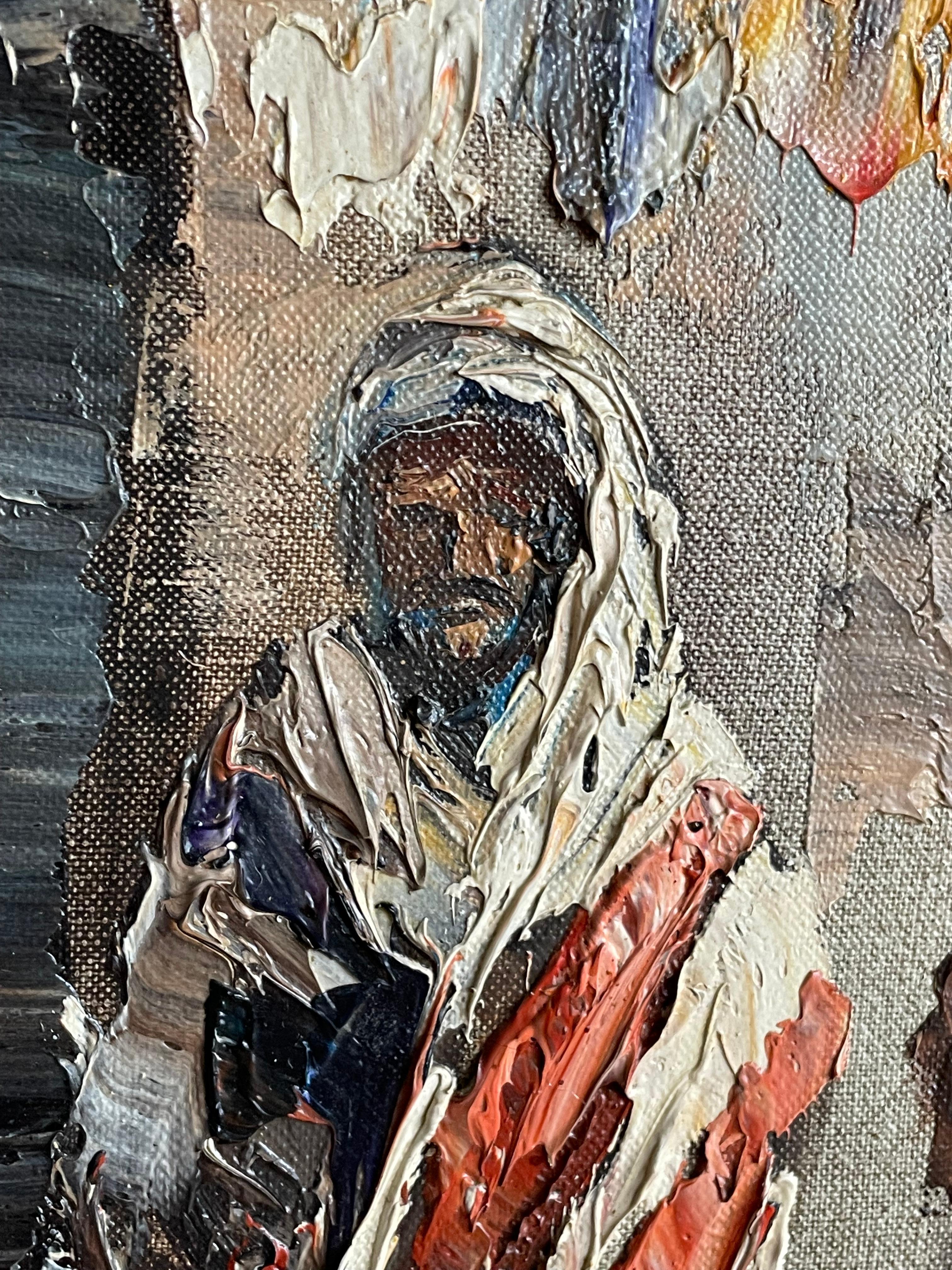 Grande peinture à l'huile sur toile d'une scène de rue arabe signée Hassan en vente 7