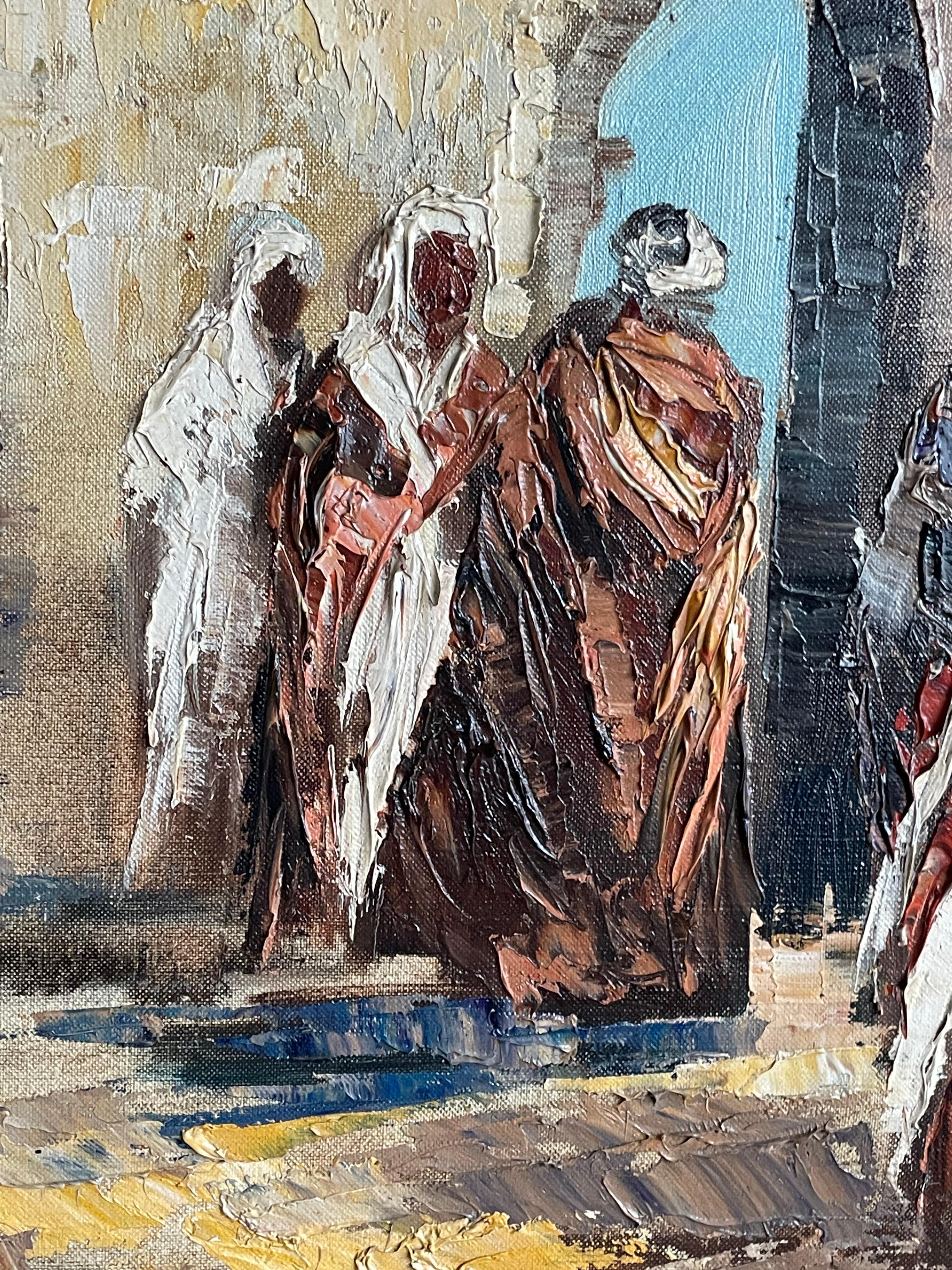 Grande peinture à l'huile sur toile d'une scène de rue arabe signée Hassan en vente 9