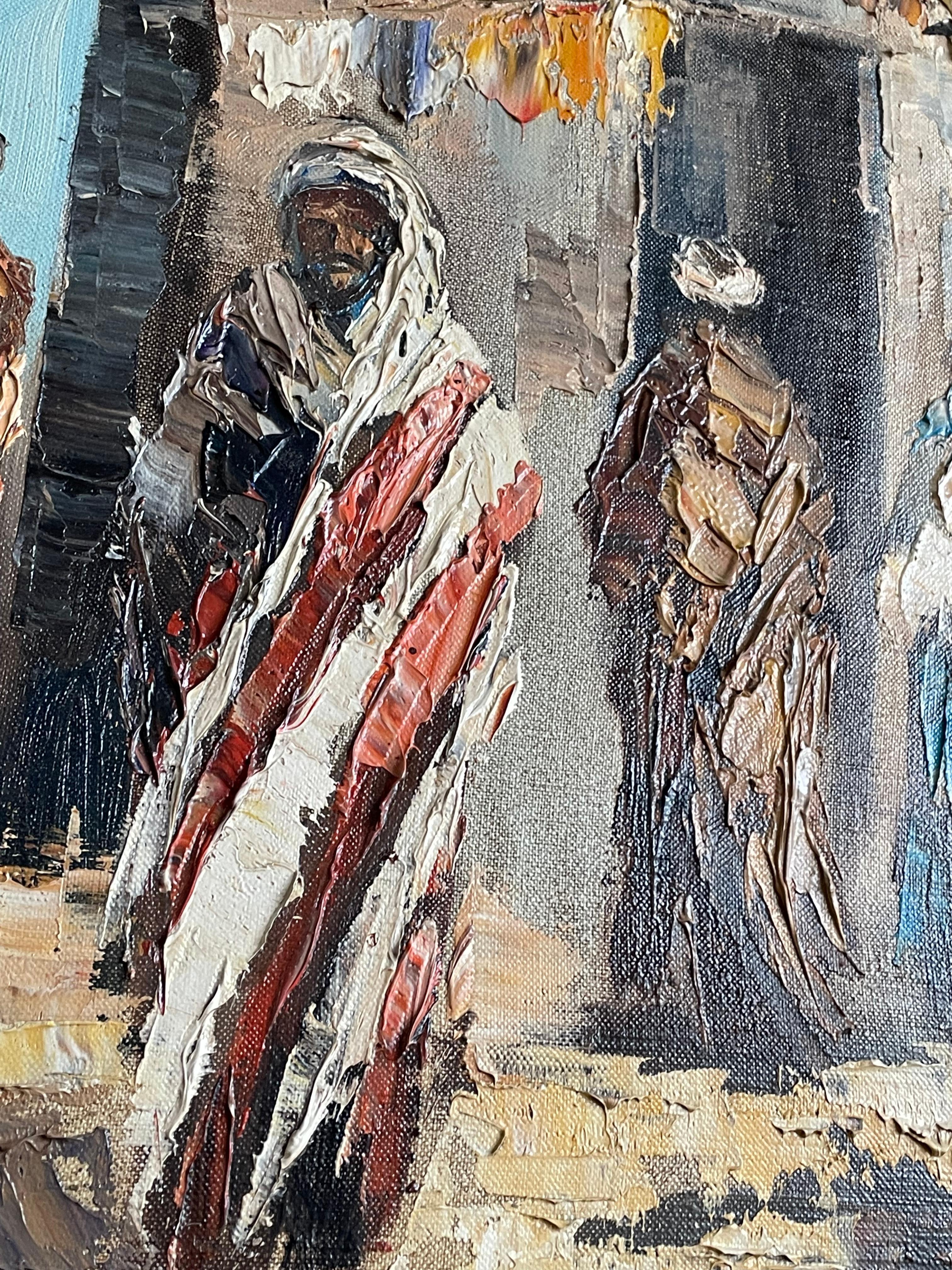 Grande peinture à l'huile sur toile d'une scène de rue arabe signée Hassan en vente 10