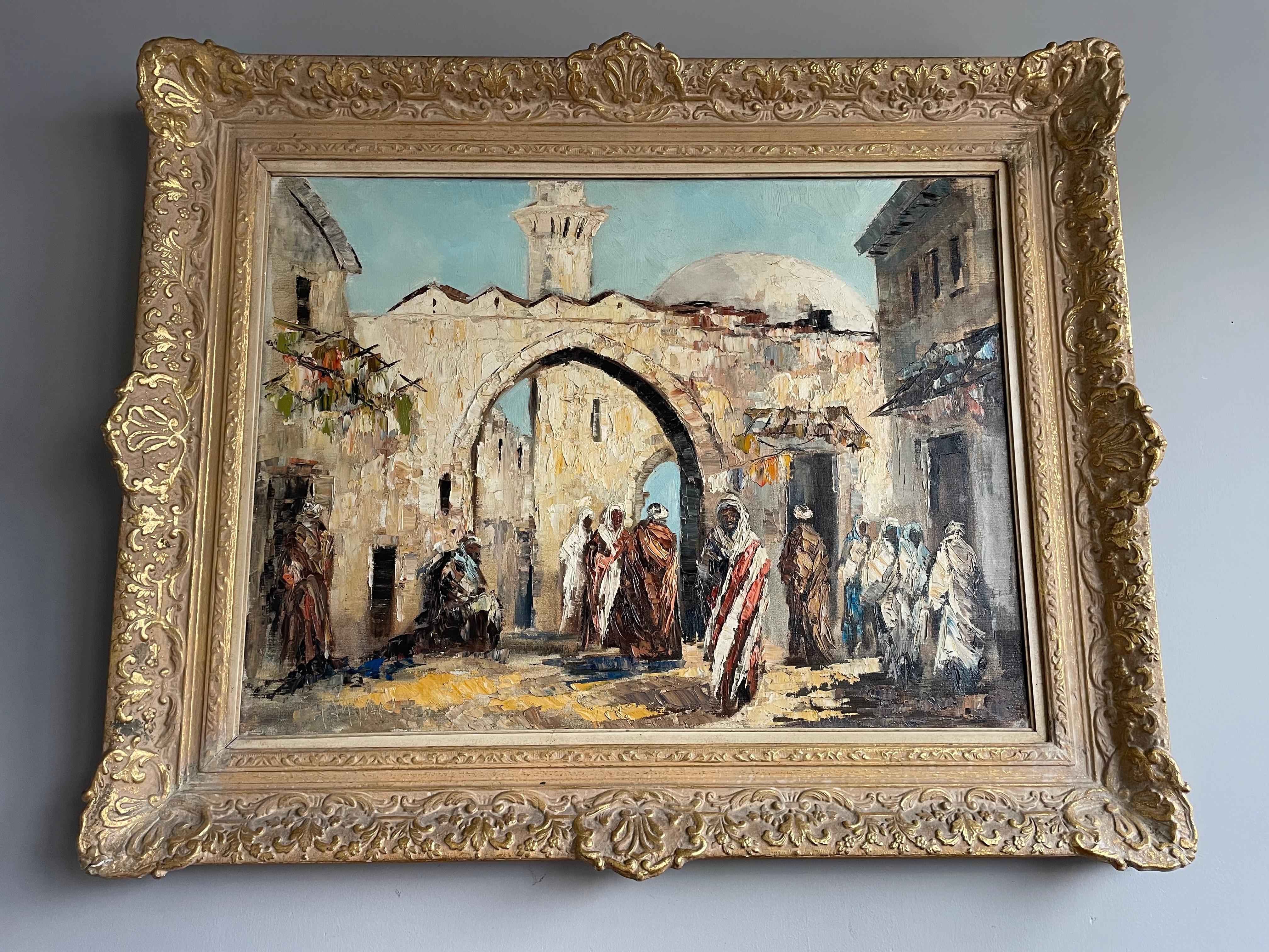 Islamic Large Hand Painted Oil on Canvas Painting of Arab Street Scene Signed Hassan For Sale