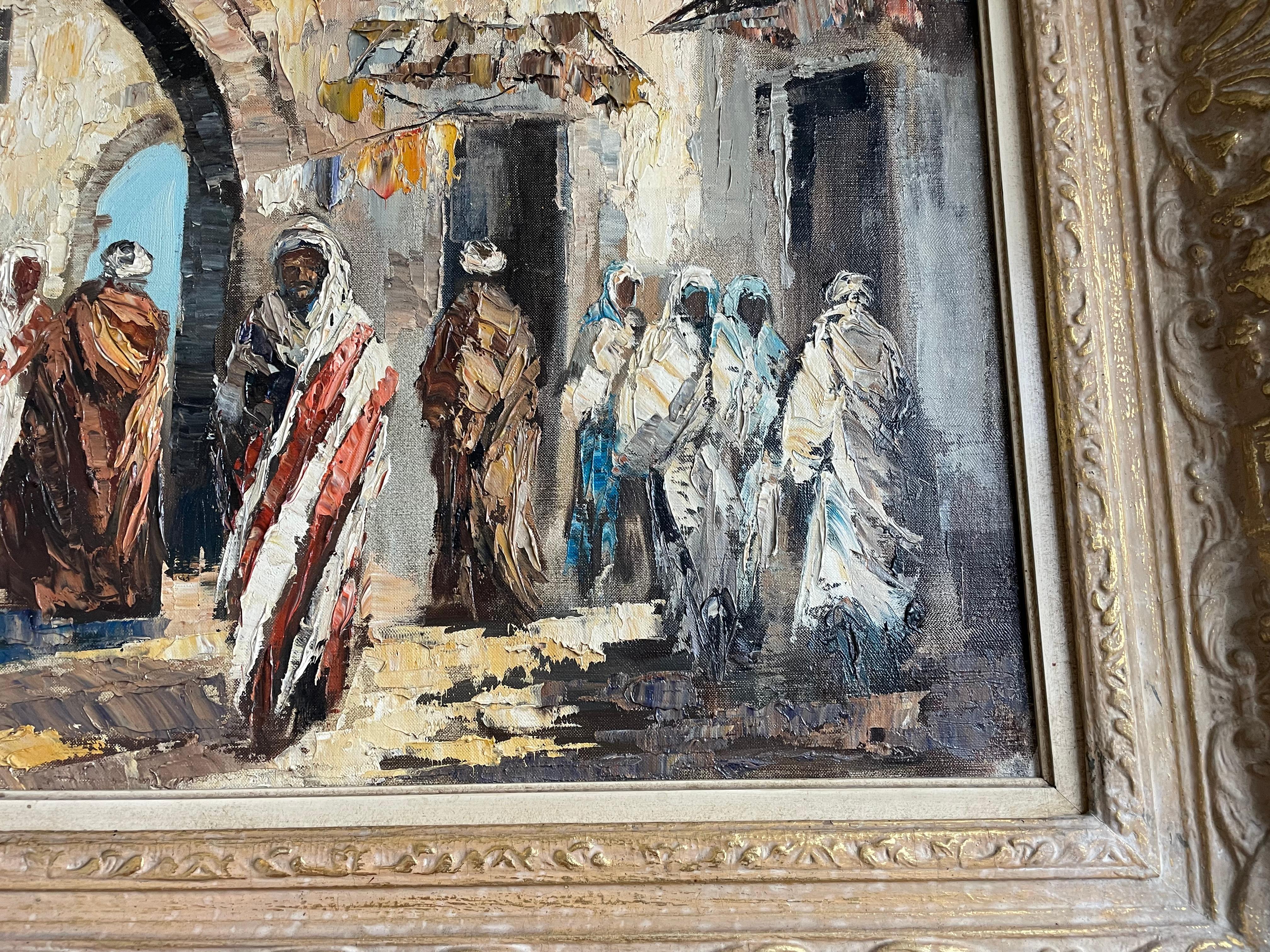 Unknown Large Hand Painted Oil on Canvas Painting of Arab Street Scene Signed Hassan For Sale