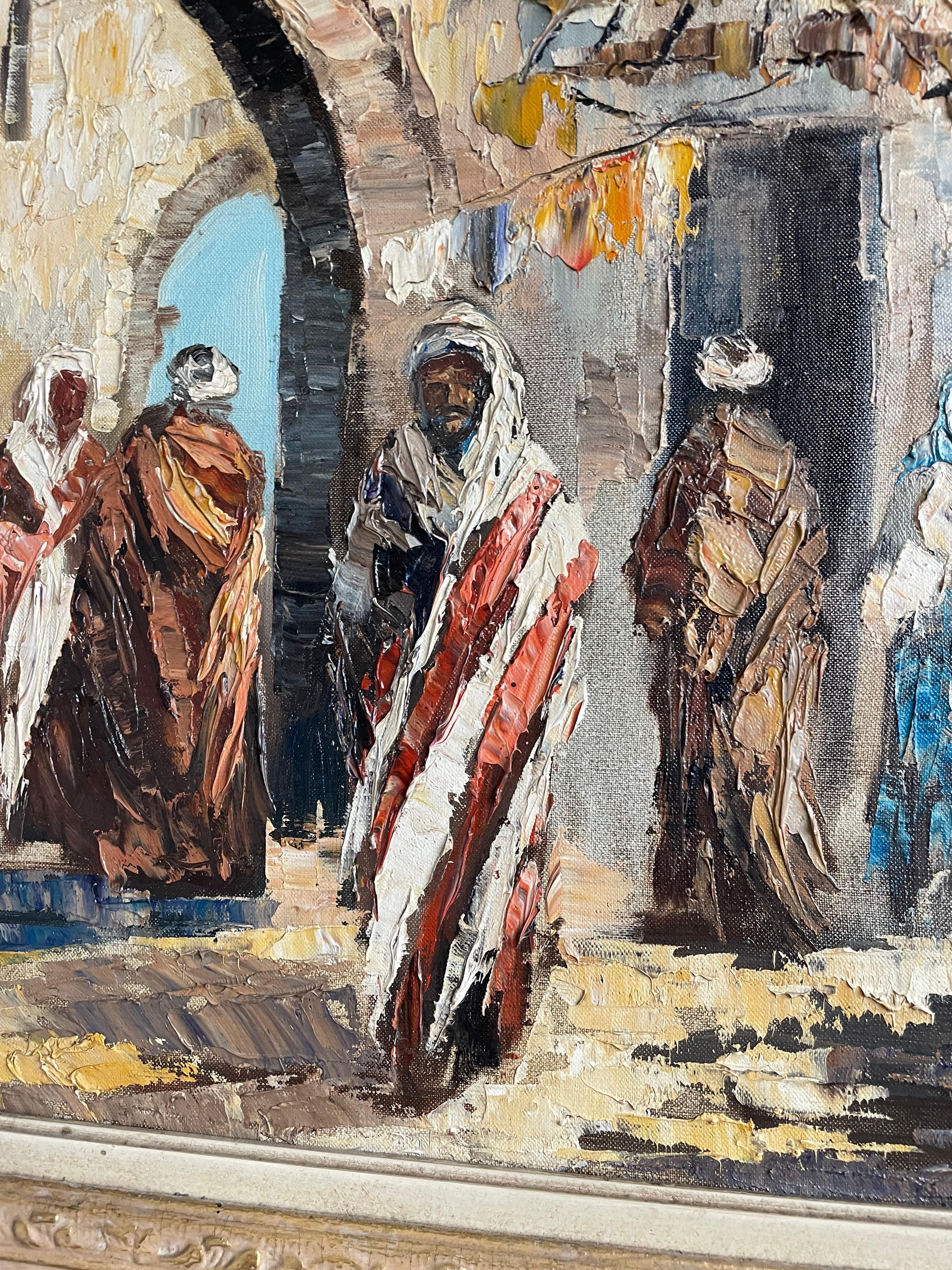 Doré Grande peinture à l'huile sur toile d'une scène de rue arabe signée Hassan en vente