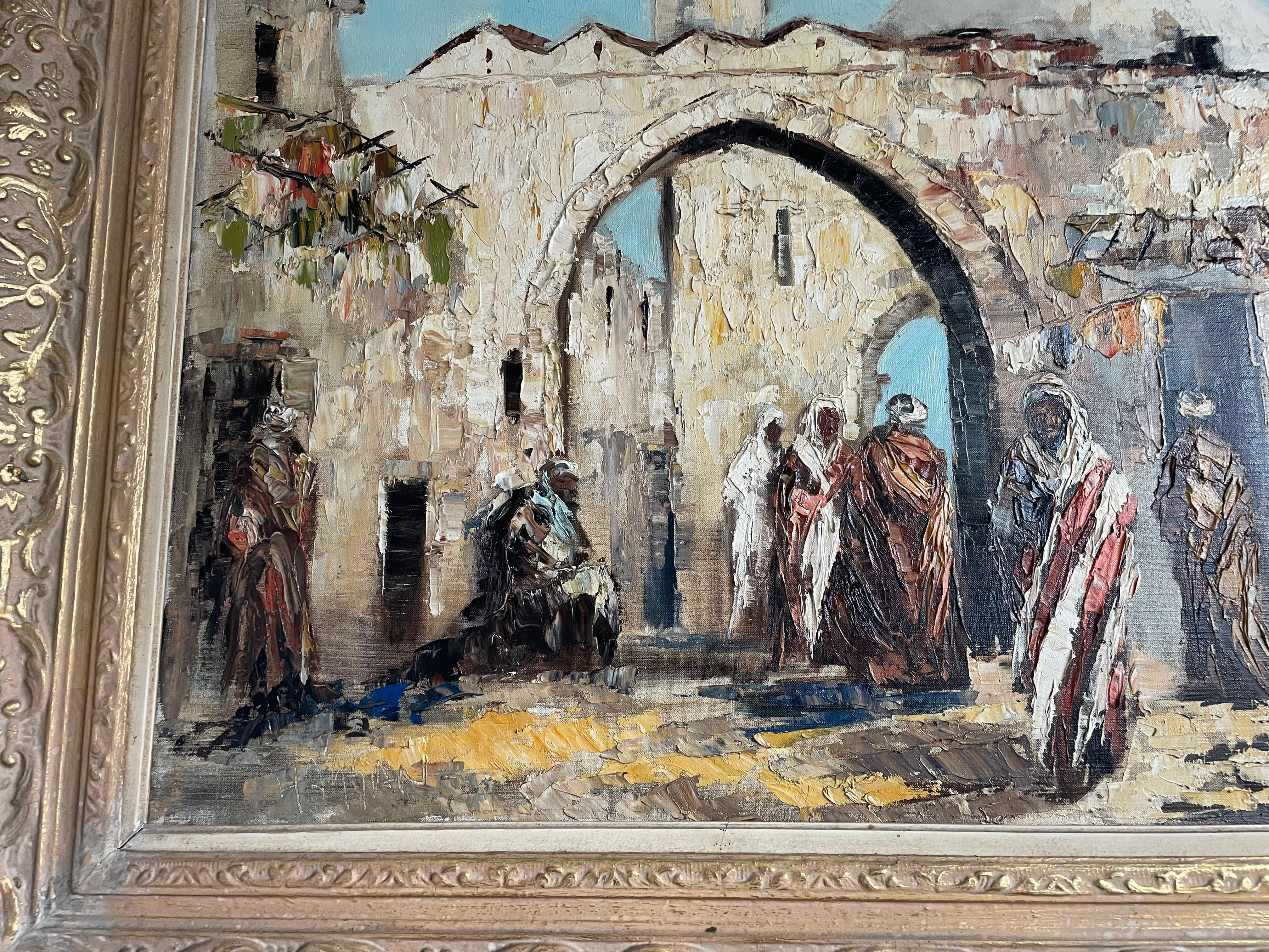 Grande peinture à l'huile sur toile d'une scène de rue arabe signée Hassan en vente 1