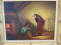 Large Hand Painted Oil on Canvas Painting "The Alchemist" After Carl Spitzweg