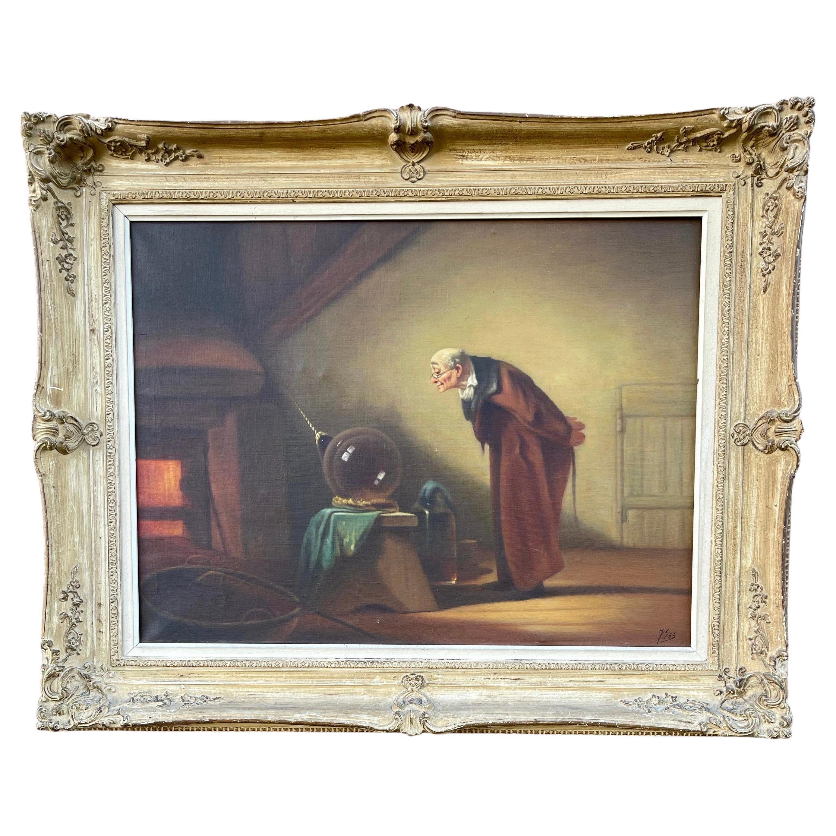 Large Hand Painted Oil on Canvas Painting "The Alchemist" After Carl Spitzweg
