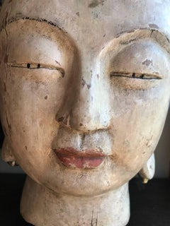 Large Hand Painted Polychrome Asian Buddha Head Bust Sculpture on Display Stand
