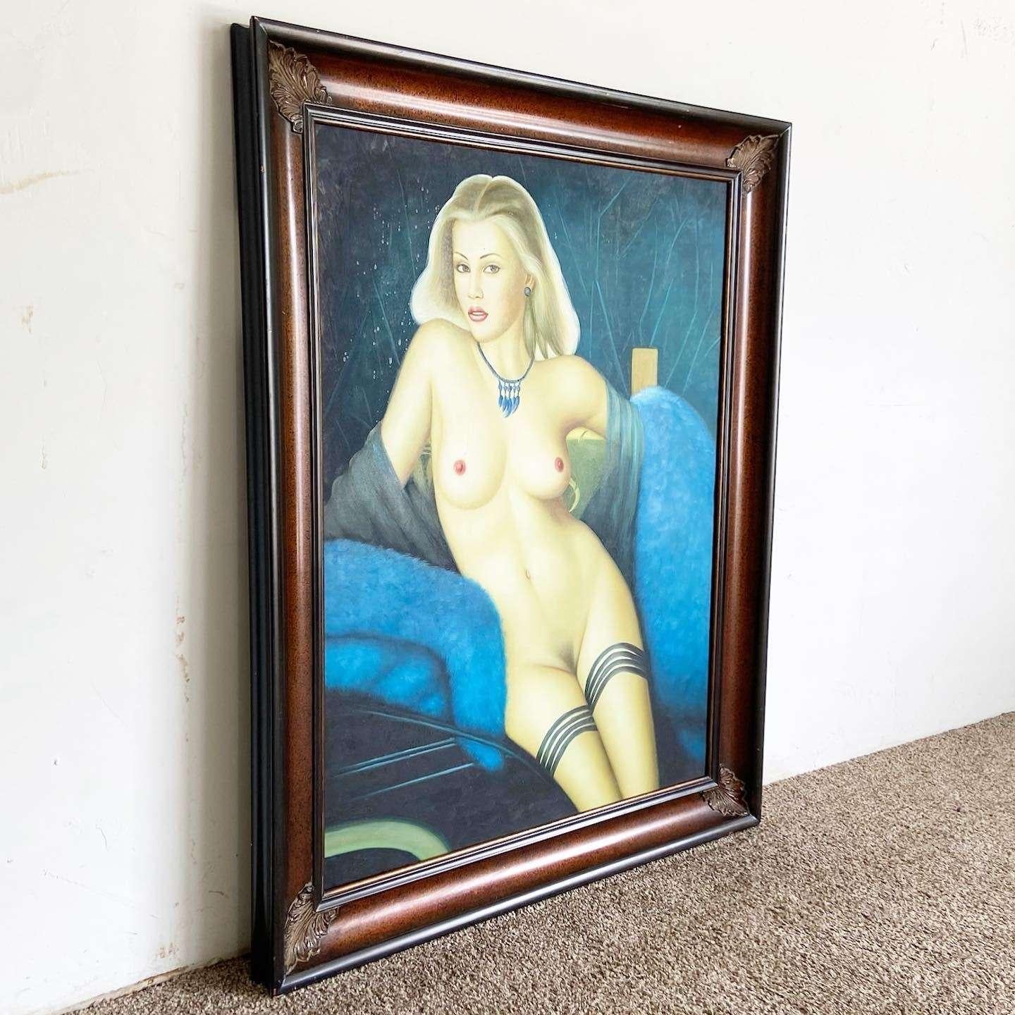 Exceptional vintage hand painted painting of blonde lady in a blue place. She is not wearing any clothing as can be seen in the photos.