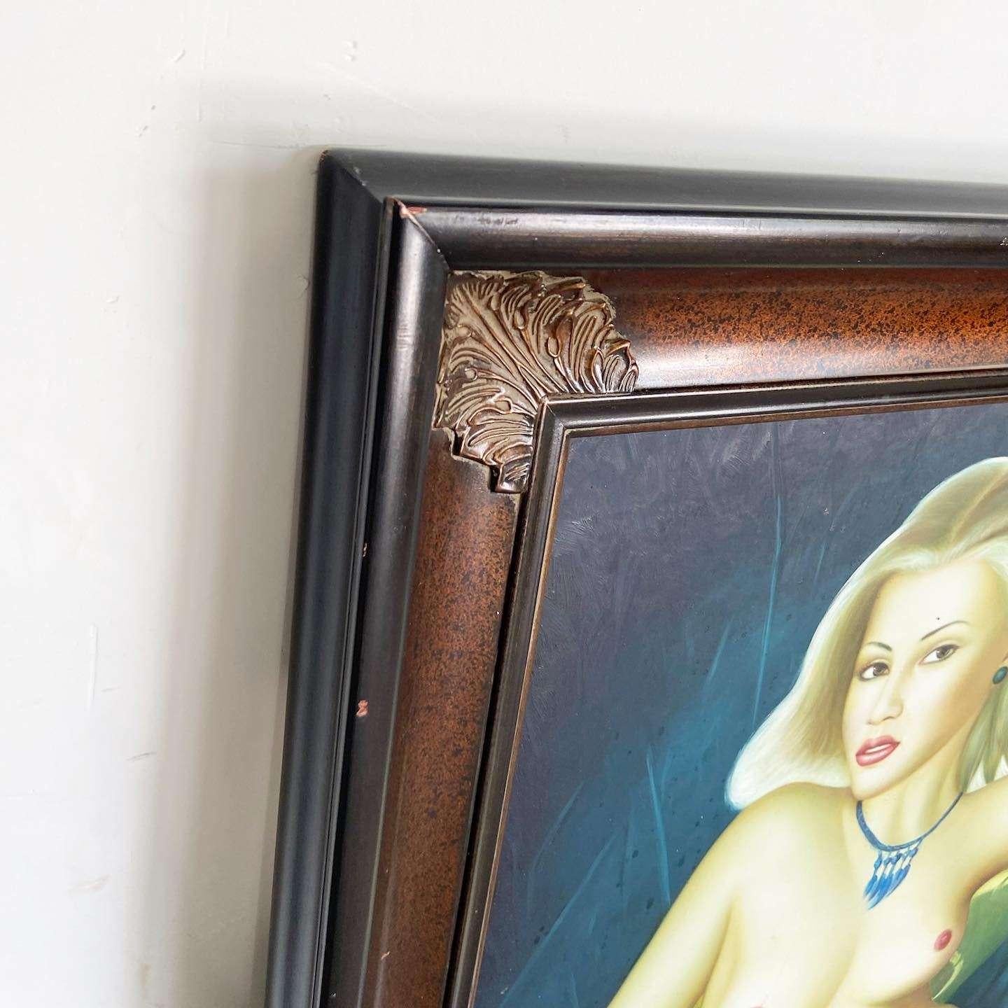 Américain Grand portrait peint à la main d'une femme blonde dans un lieu bleu en vente