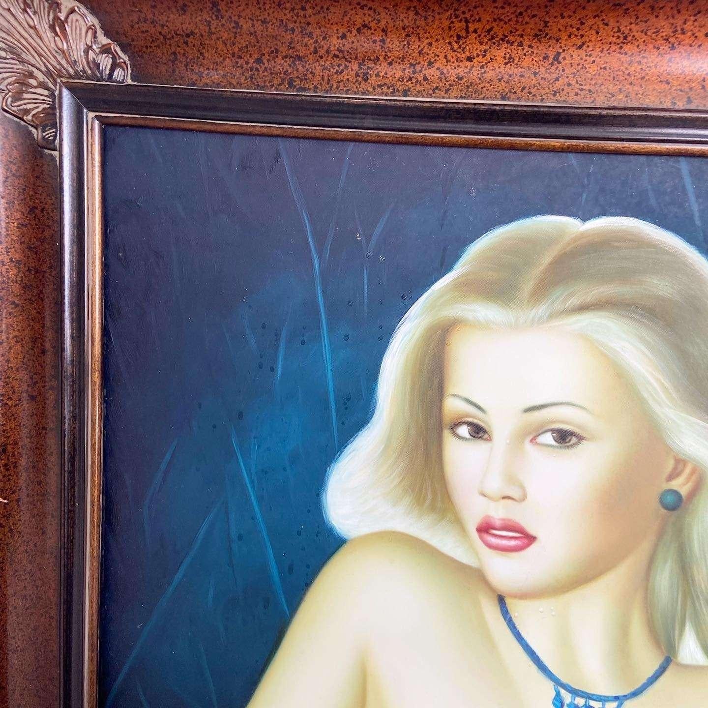 Large Hand Painted Portrait of Blonde Woman in a Blue Place For Sale 2