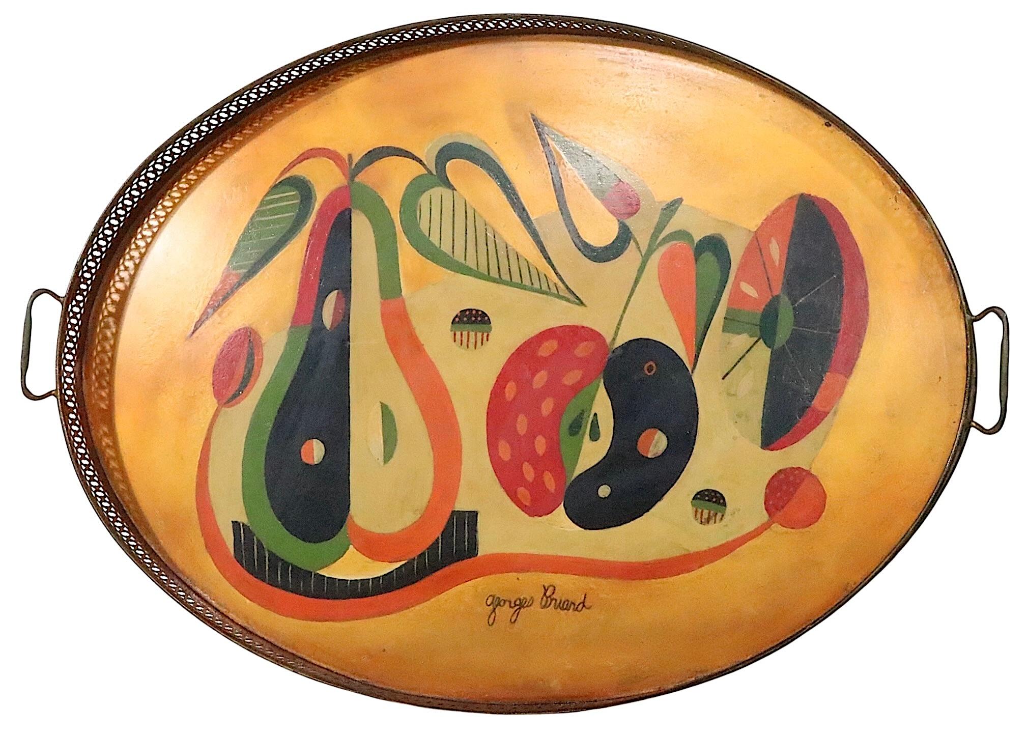 Incredible hand painted George Briard tray, having a Modern Art School depiction, of a fruit themed still life. The oval tray features a gallery trim, with handles. This is easily the best Briard tray we have had the pleasure of selling.