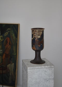 Grand vase peint à la main avec motif d'oiseaux par Heerwagen Ceramics, Danemark, 1976