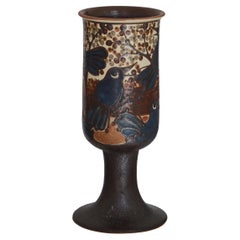Grand vase peint à la main avec motif d'oiseaux par Heerwagen Ceramics, Danemark, 1976