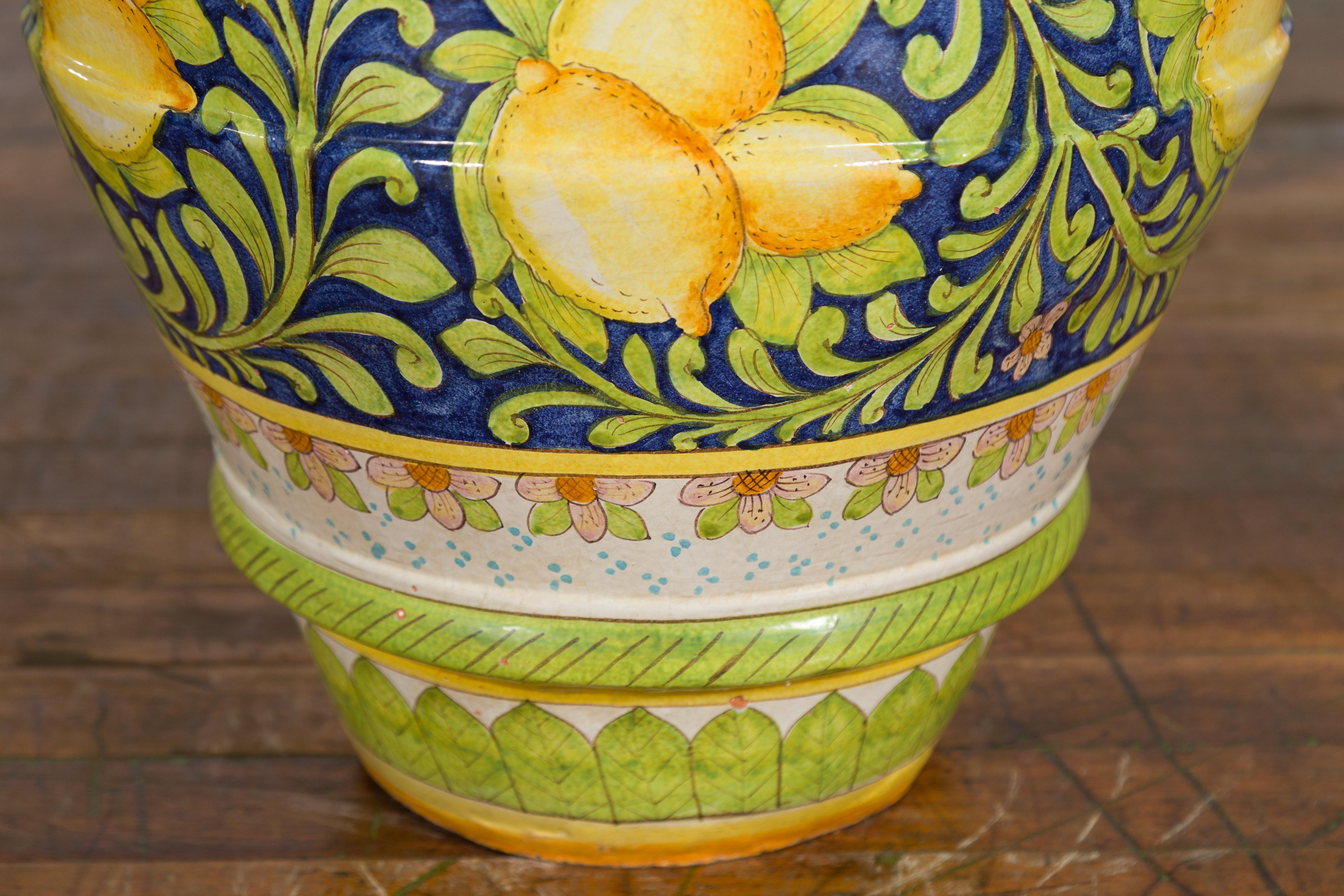 Large Hand-Painted Yellow and Green Jar with Lemons and Scrolling Foliage For Sale 4