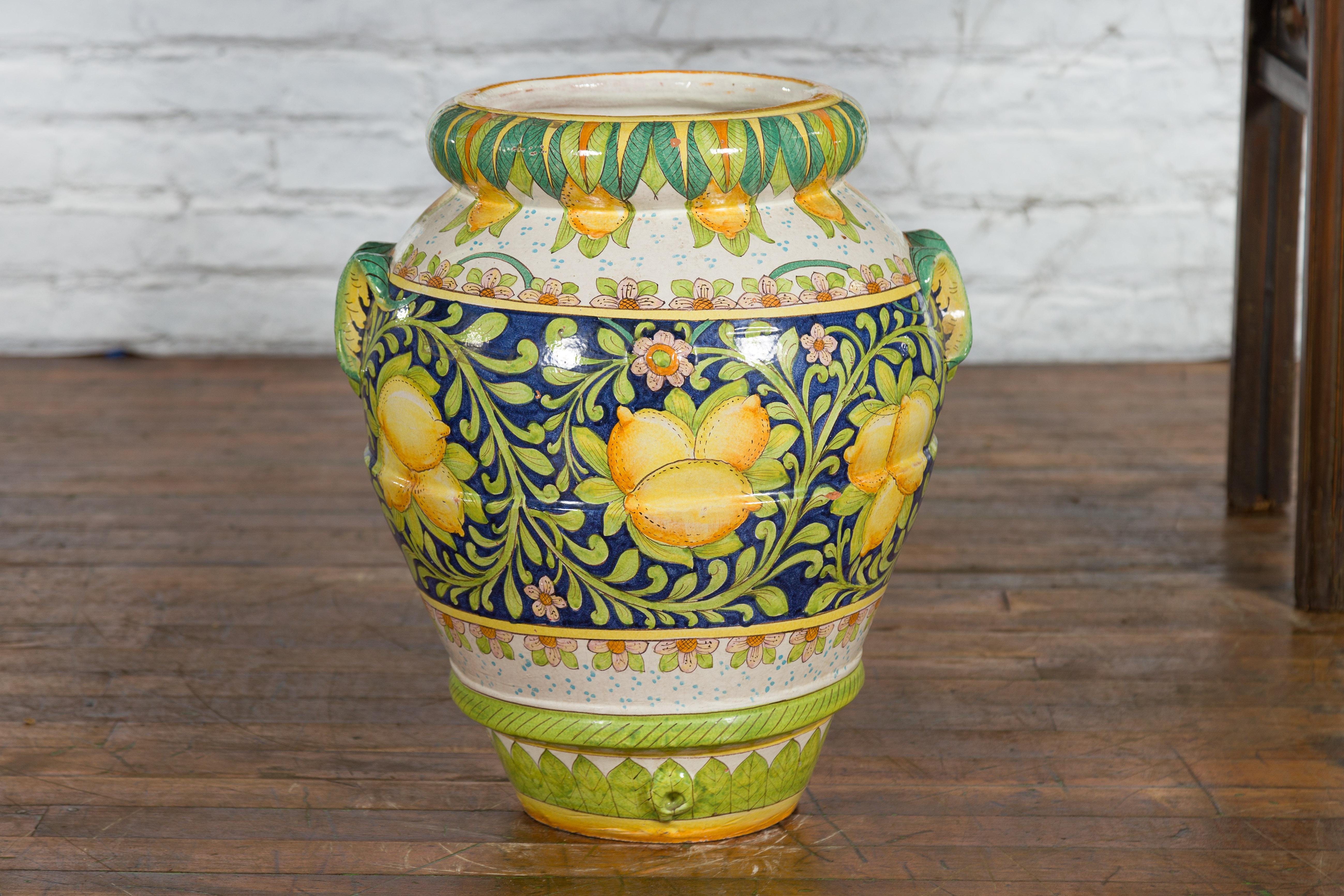 Large Hand-Painted Yellow and Green Jar with Lemons and Scrolling Foliage For Sale 8