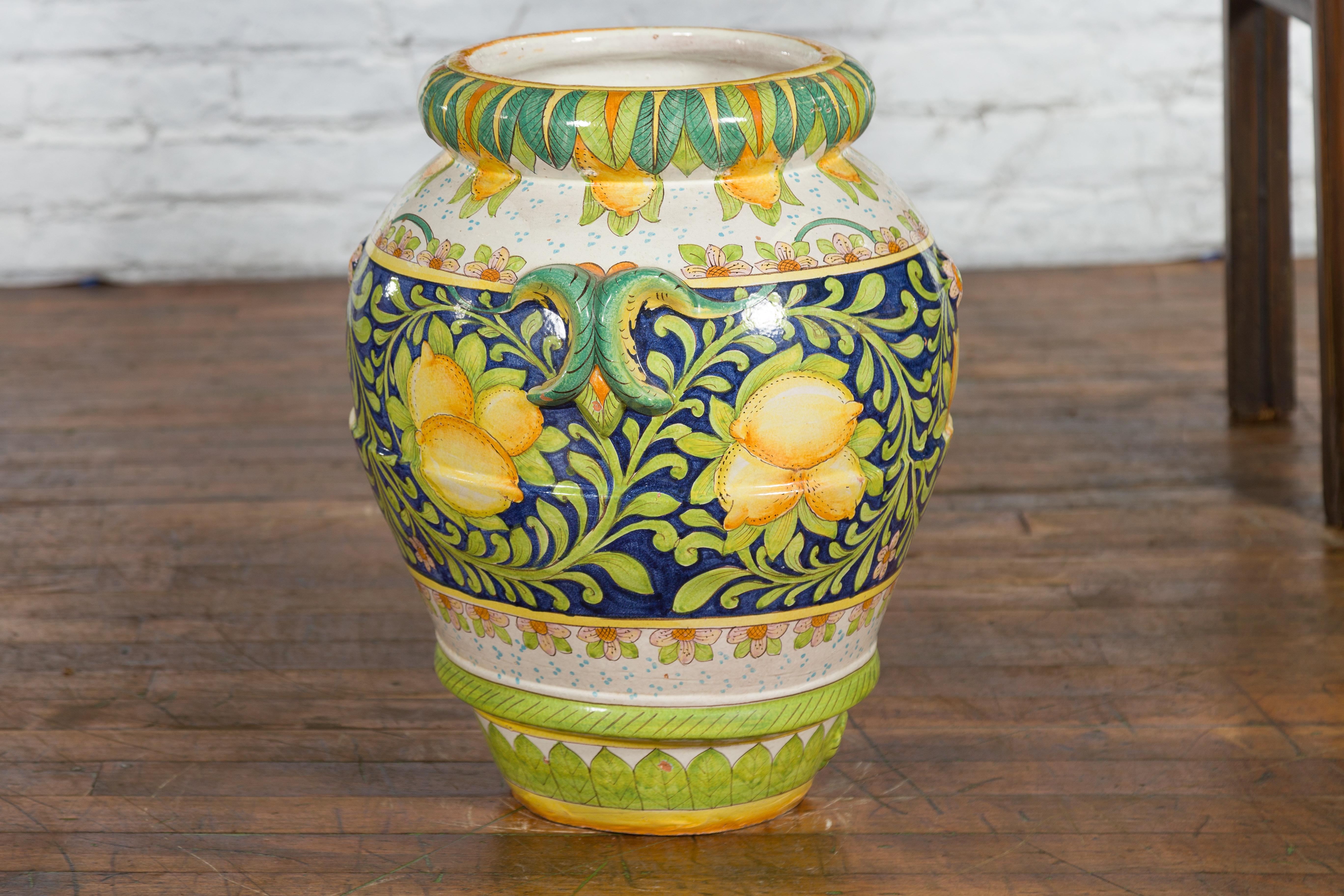 Large Hand-Painted Yellow and Green Jar with Lemons and Scrolling Foliage For Sale 9