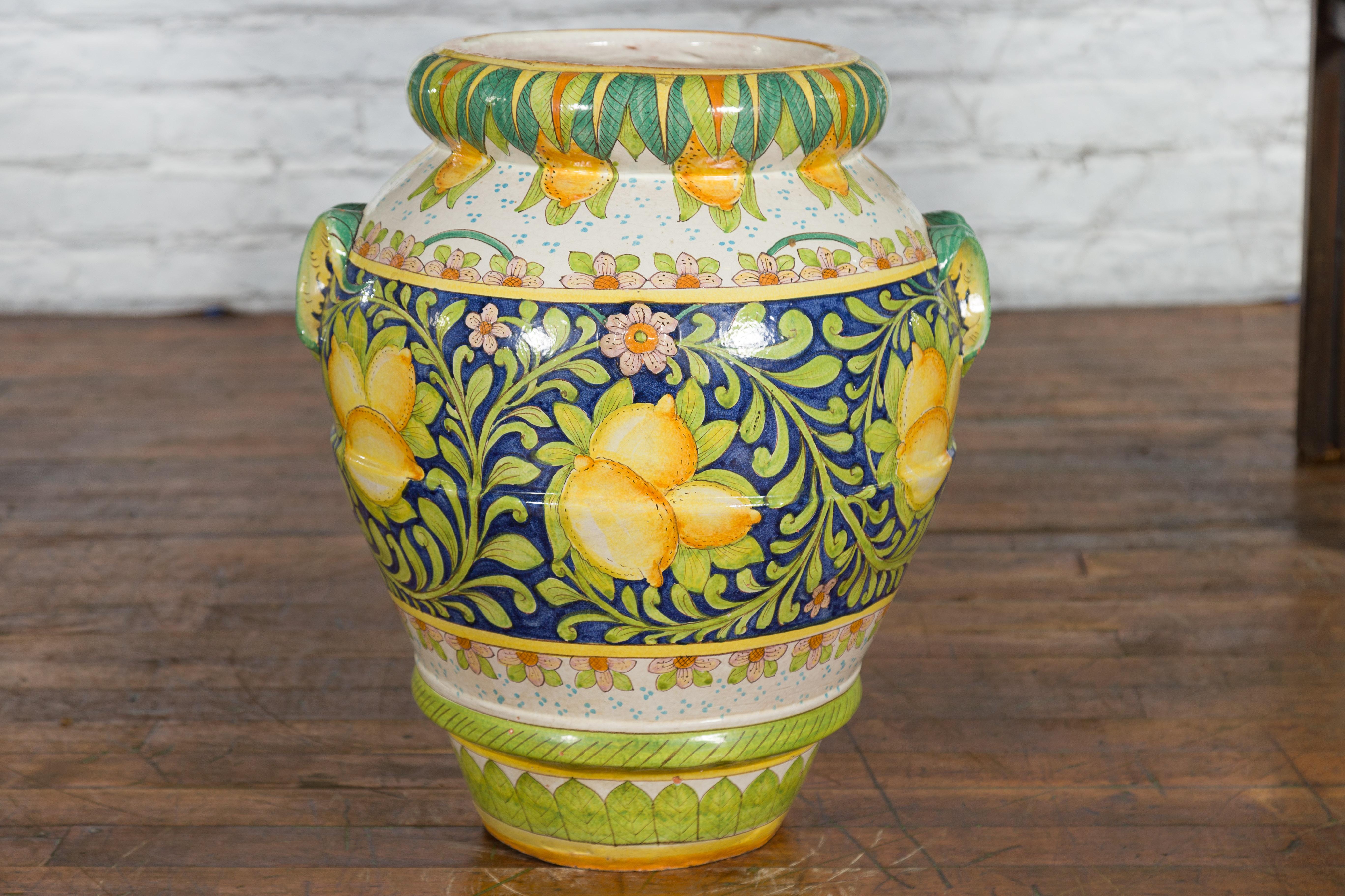 Large Hand-Painted Yellow and Green Jar with Lemons and Scrolling Foliage In Good Condition For Sale In Yonkers, NY
