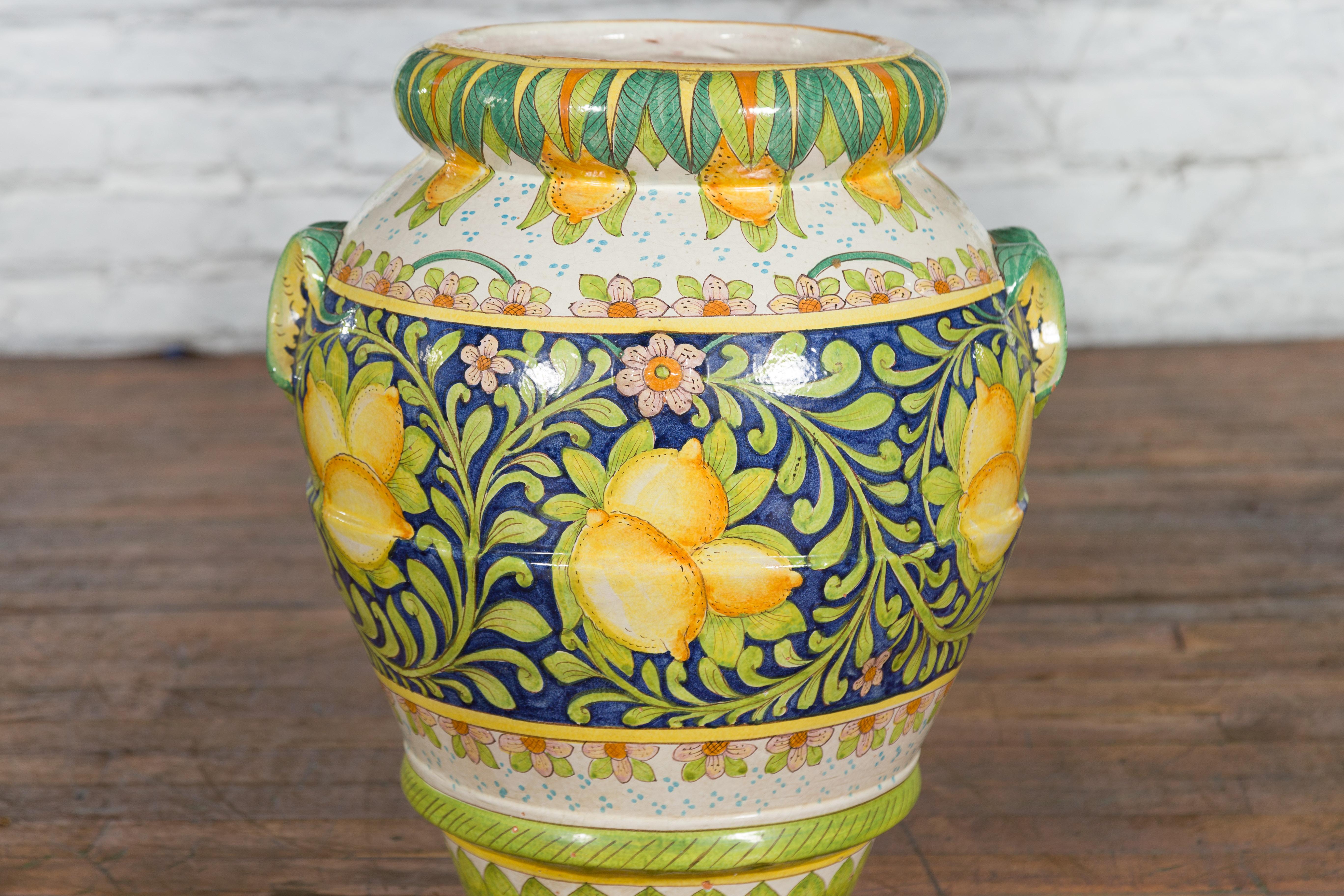 Terracotta Large Hand-Painted Yellow and Green Jar with Lemons and Scrolling Foliage For Sale