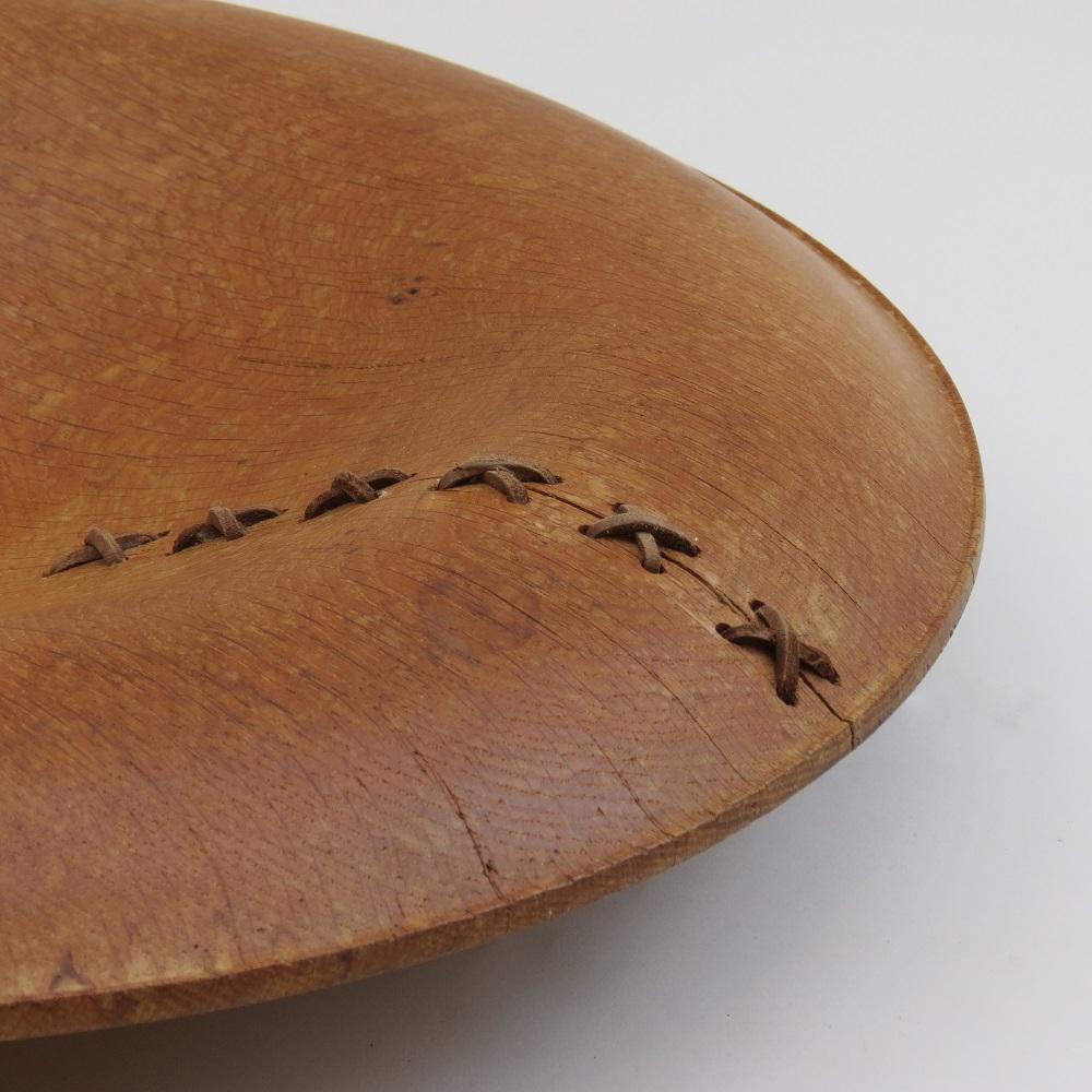 English Large Hand Produced Oak Bowl with Leather Detail Stitching For Sale