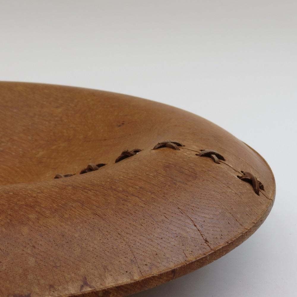 Contemporary Large Hand Produced Oak Bowl with Leather Detail Stitching For Sale