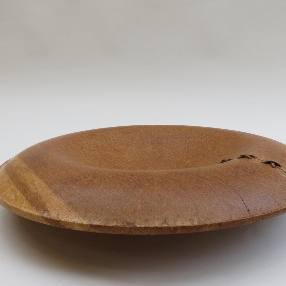Large Hand Produced Oak Bowl with Leather Detail Stitching For Sale 1