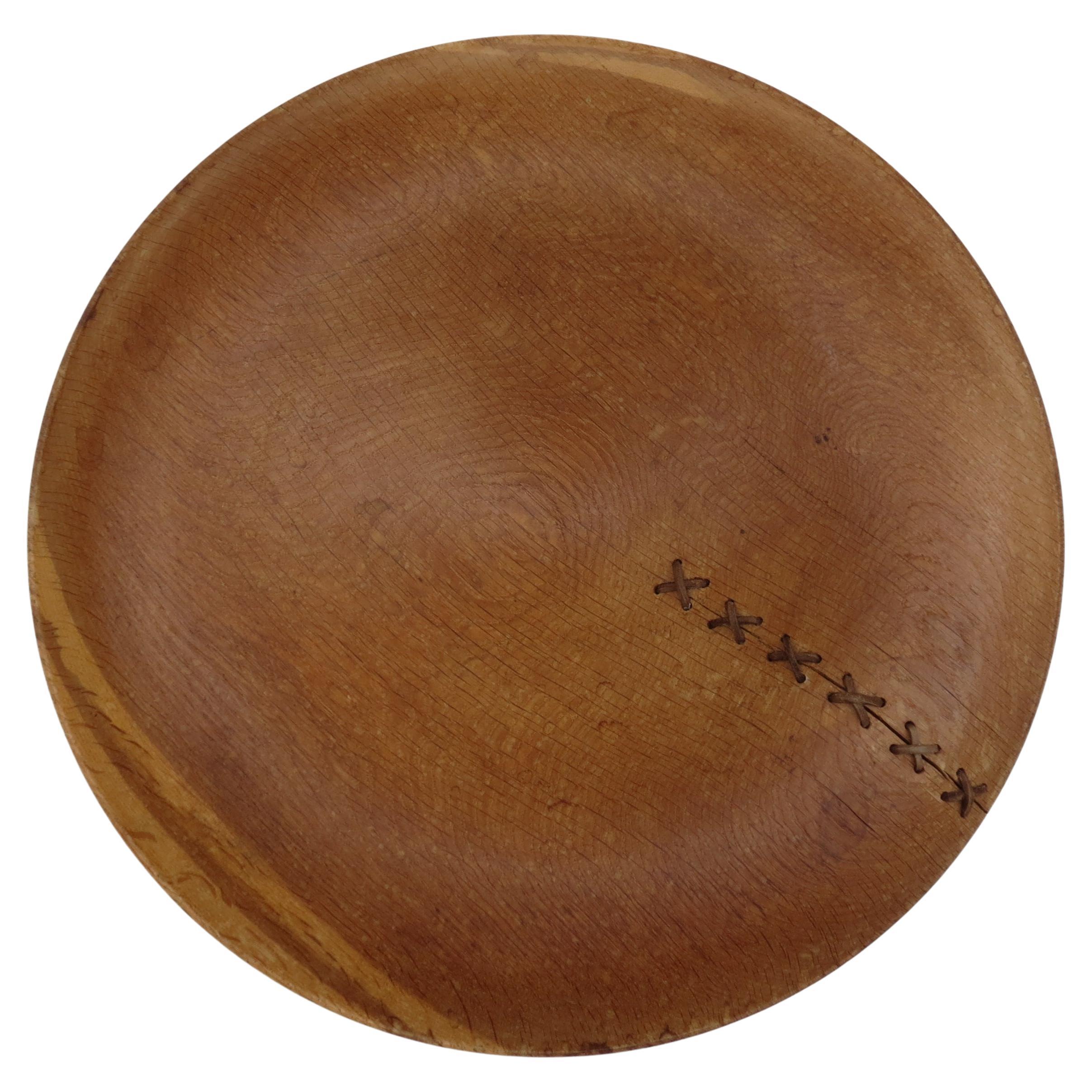 Large Hand Produced Oak Bowl with Leather Detail Stitching For Sale