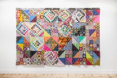 Großer handgenähter abstrakter geometrischer Wandbehang aus wiederverwendeten Materialien