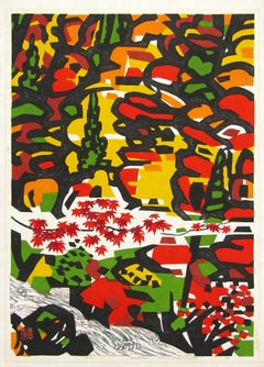 Gran xilografía japonesa de 1968 firmada a mano por Okiie Hashimoto