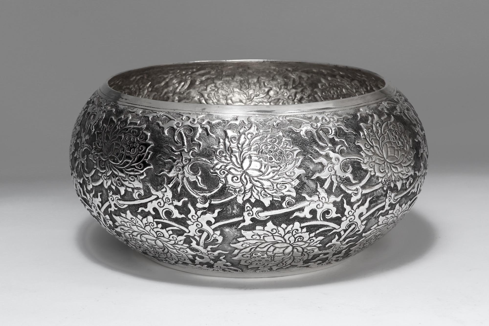 Hand-Crafted Large Hand-Worked Solid Silver Bowl, Chinoiserie Scrolling Lotus, Centrepiece For Sale