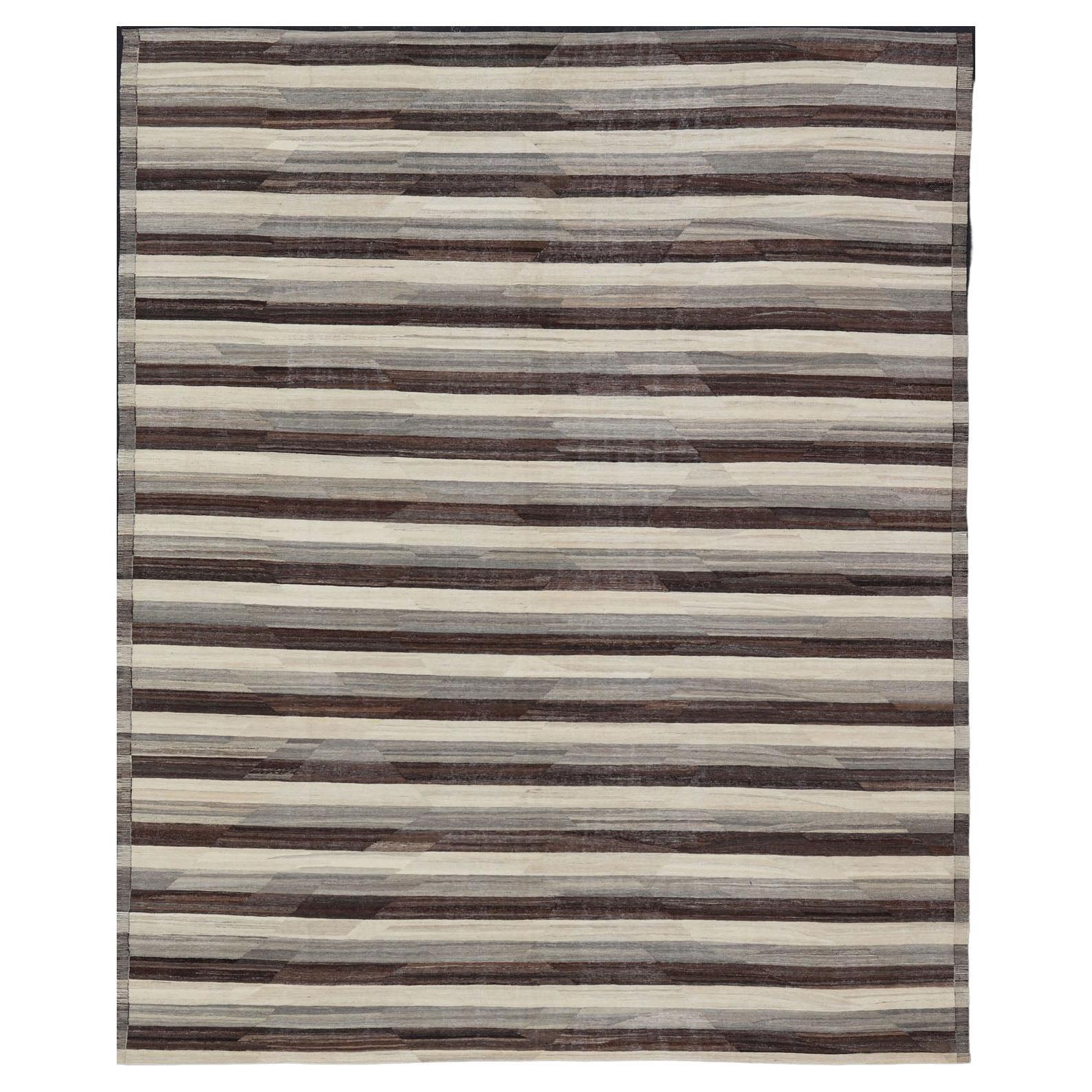 Large Hand-Woven Flat Weave Kilim in Cream, Taupe, and Dark Walnut