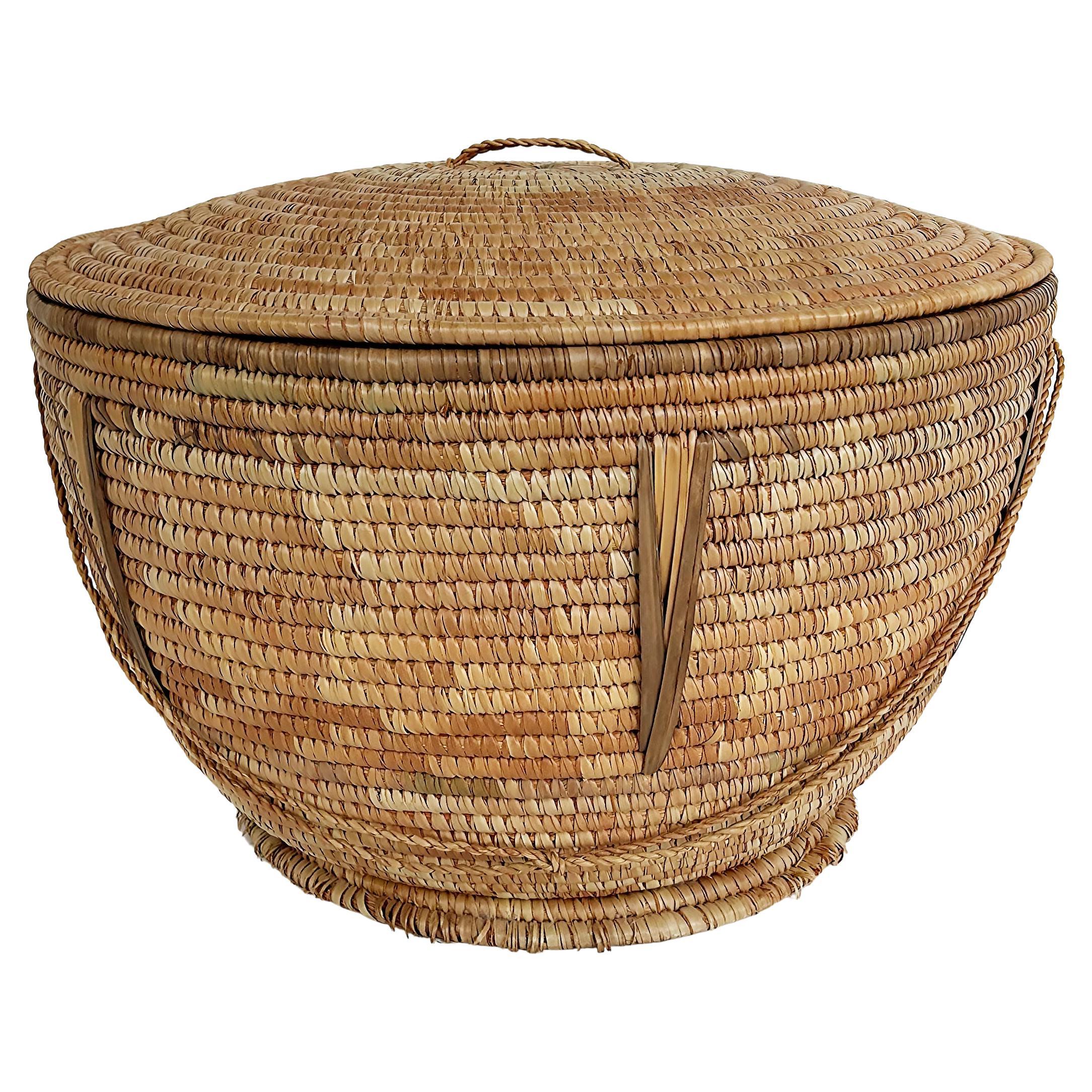 Large Hand-Woven Jute Organic Modern Covered Basket with Rope Handles