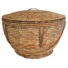 Large Hand-Woven Jute Organic Modern Covered Basket with Rope Handles