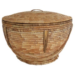 Vintage Large Hand-Woven Jute Organic Modern Covered Basket with Rope Handles