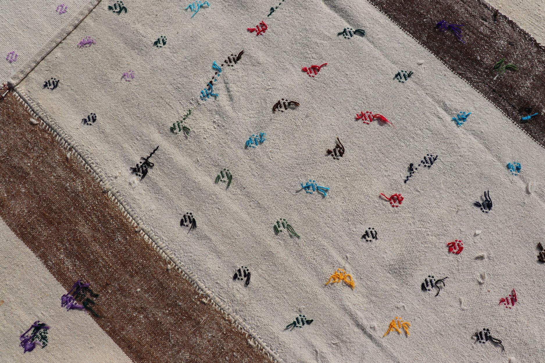 Large Hand Woven Vintage Turkish Kilim Rug with Stripes in Cream, White & Brown For Sale 6