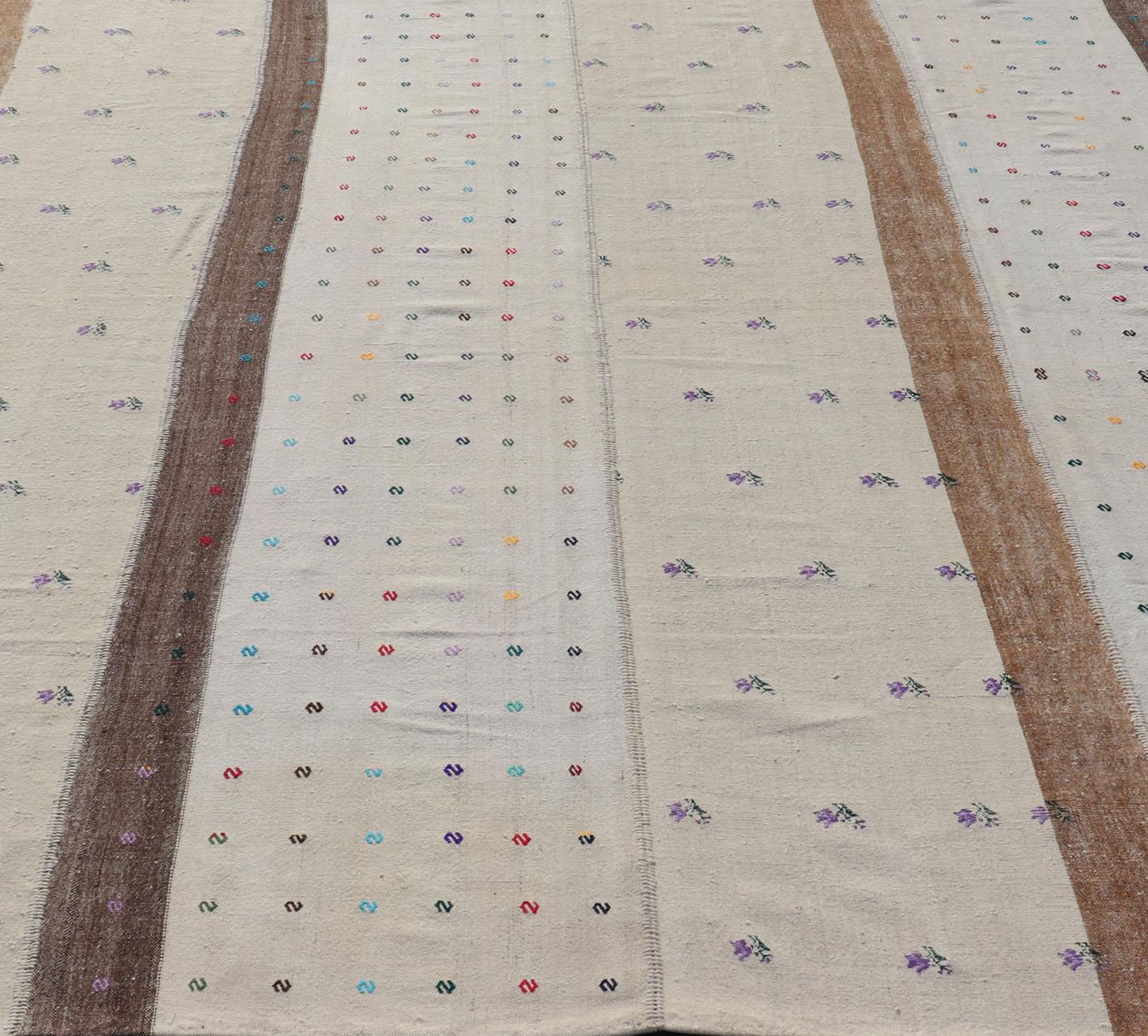 Large Hand Woven Vintage Turkish Kilim Rug with Stripes in Cream, White & Brown For Sale 8