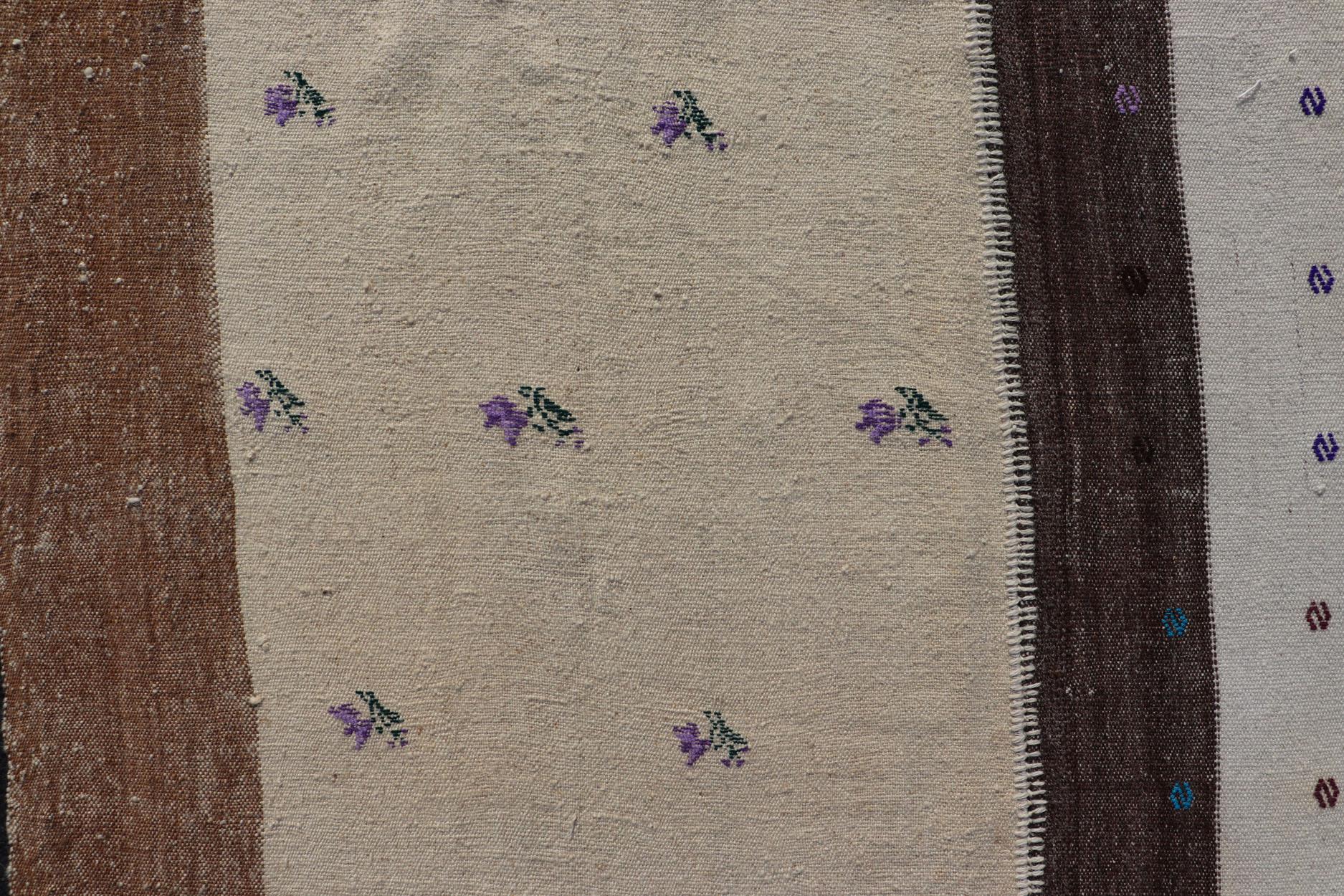 20th Century Large Hand Woven Vintage Turkish Kilim Rug with Stripes in Cream, White & Brown For Sale