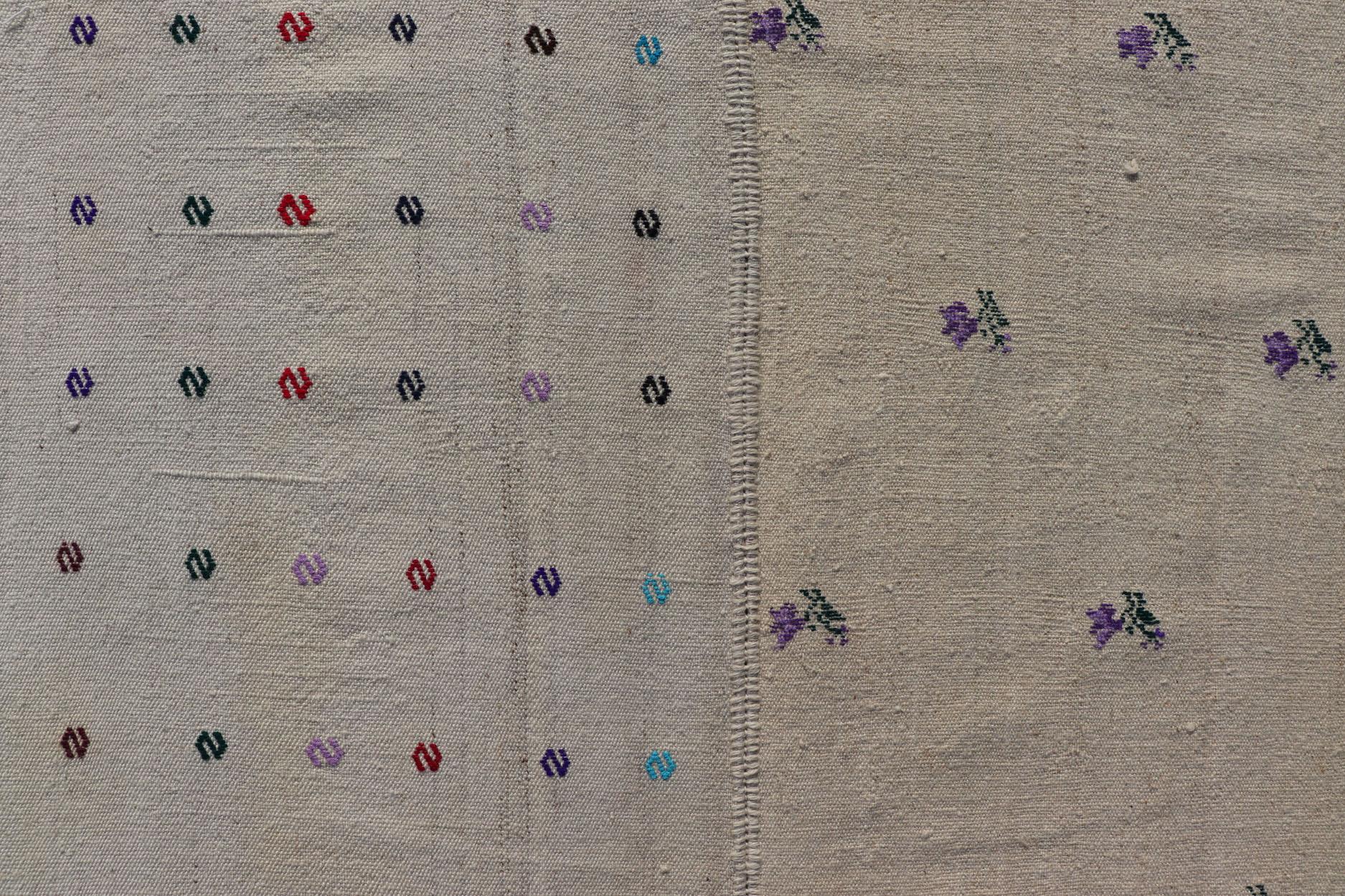 Wool Large Hand Woven Vintage Turkish Kilim Rug with Stripes in Cream, White & Brown For Sale